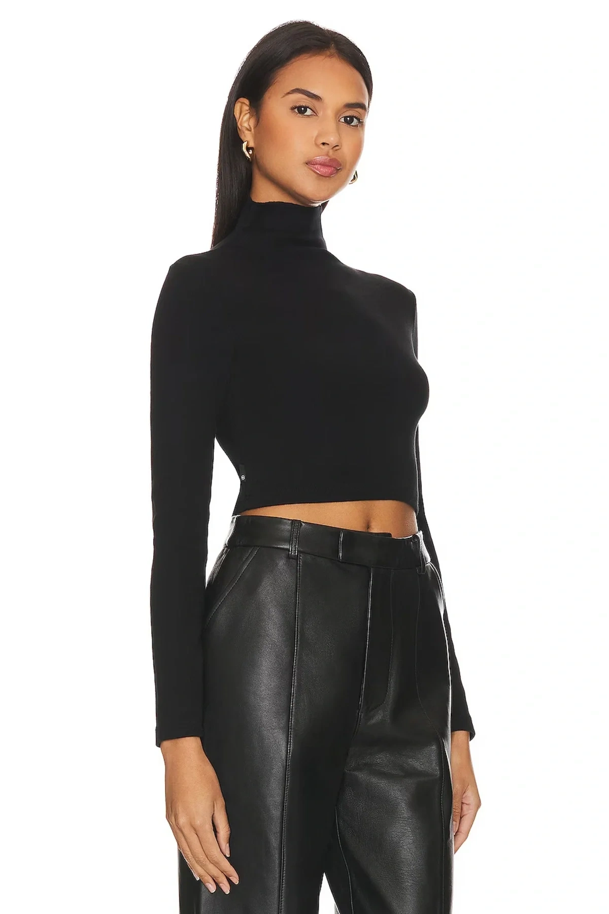 Kadın Siyah Balıkçı Yaka Uzun Kol Çift Kat İpek Jarse Basic Crop Top