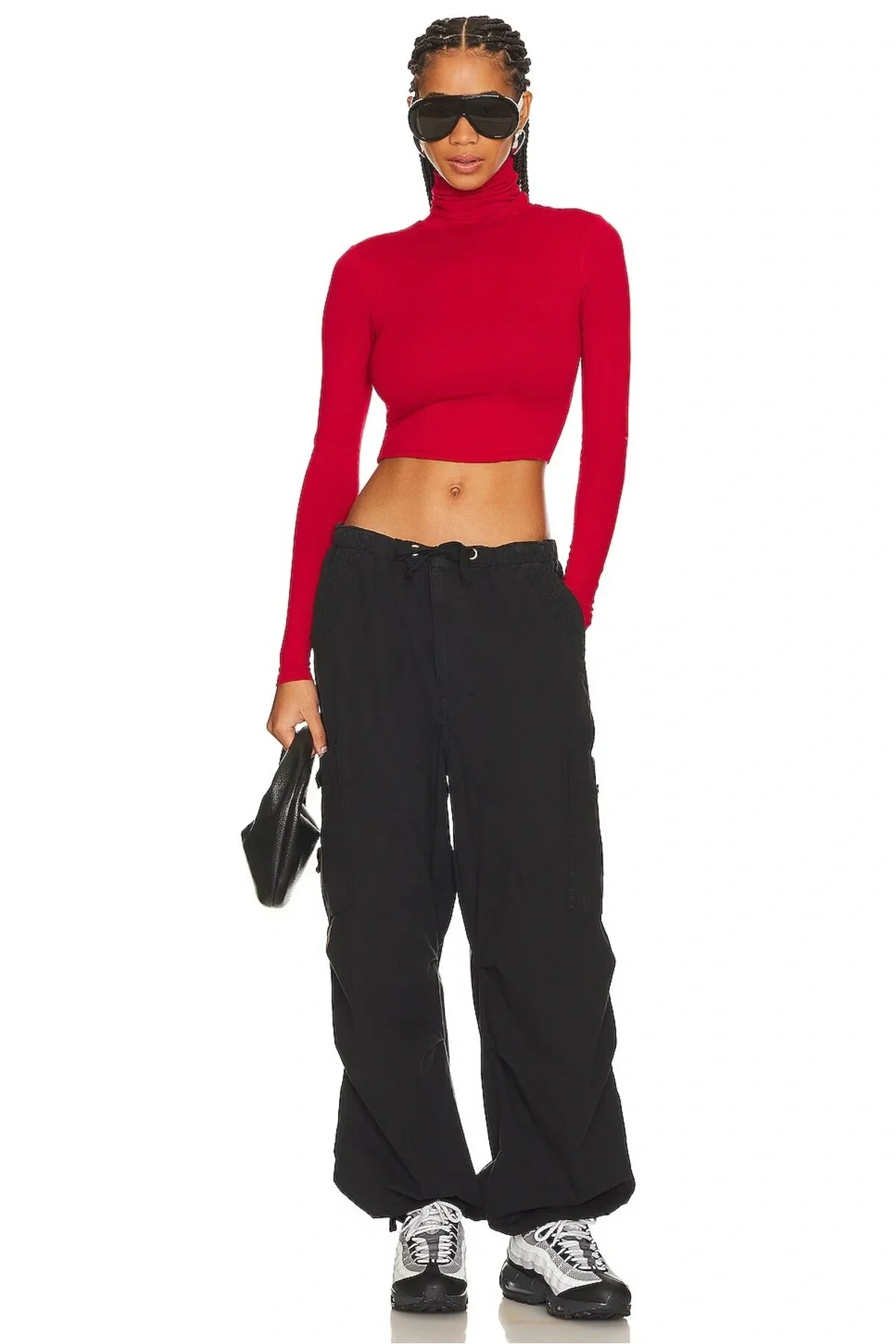 Kadın Kırmızı Balıkçı Yaka Uzun Kol Çift Kat İpek Jarse Basic Crop Top