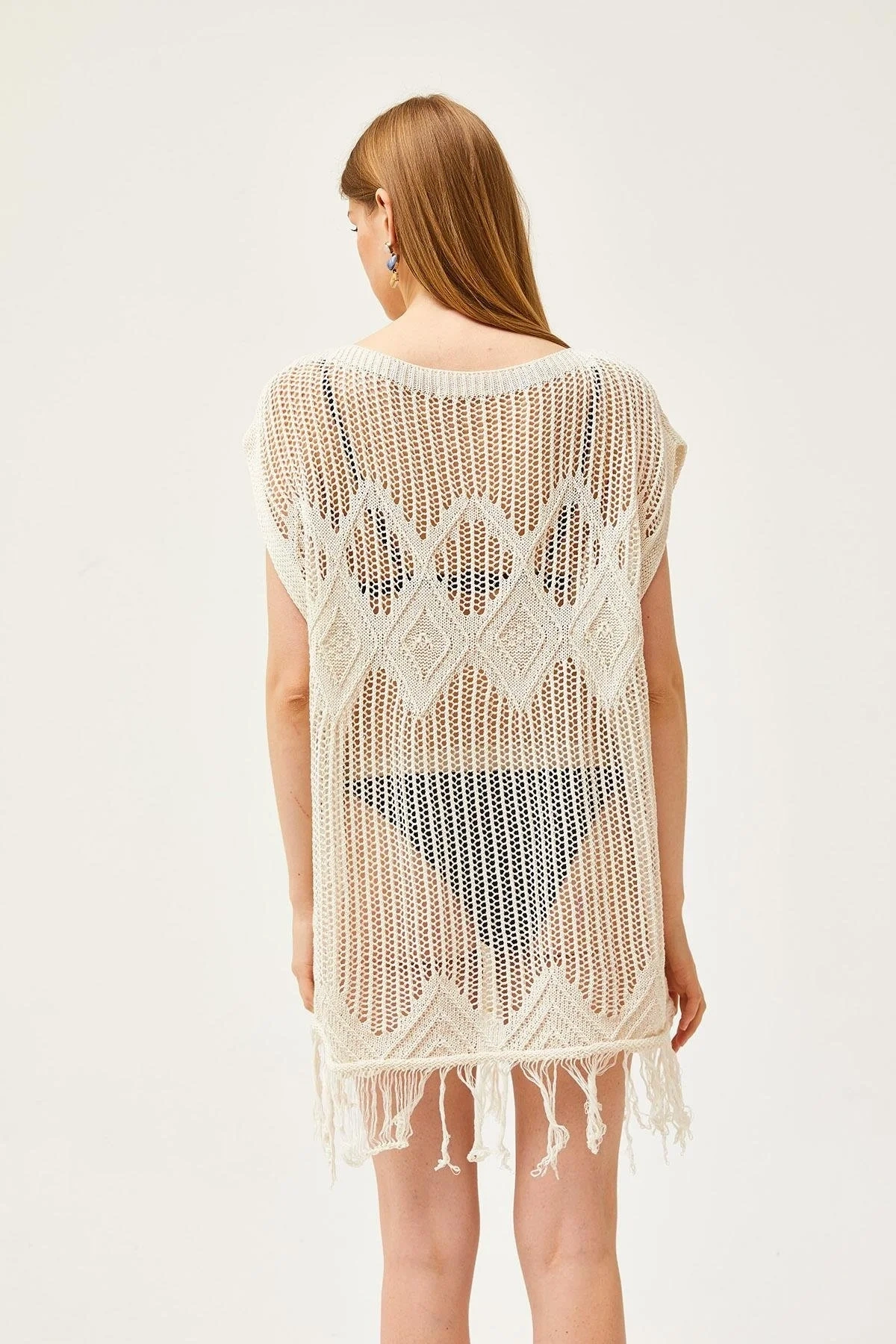 Kadın Bej Bisiklet Yaka Kolsuz Ajurlu Örgü Püsküllü Bohem Kısa Mini Plaj Elbisesi Pareo