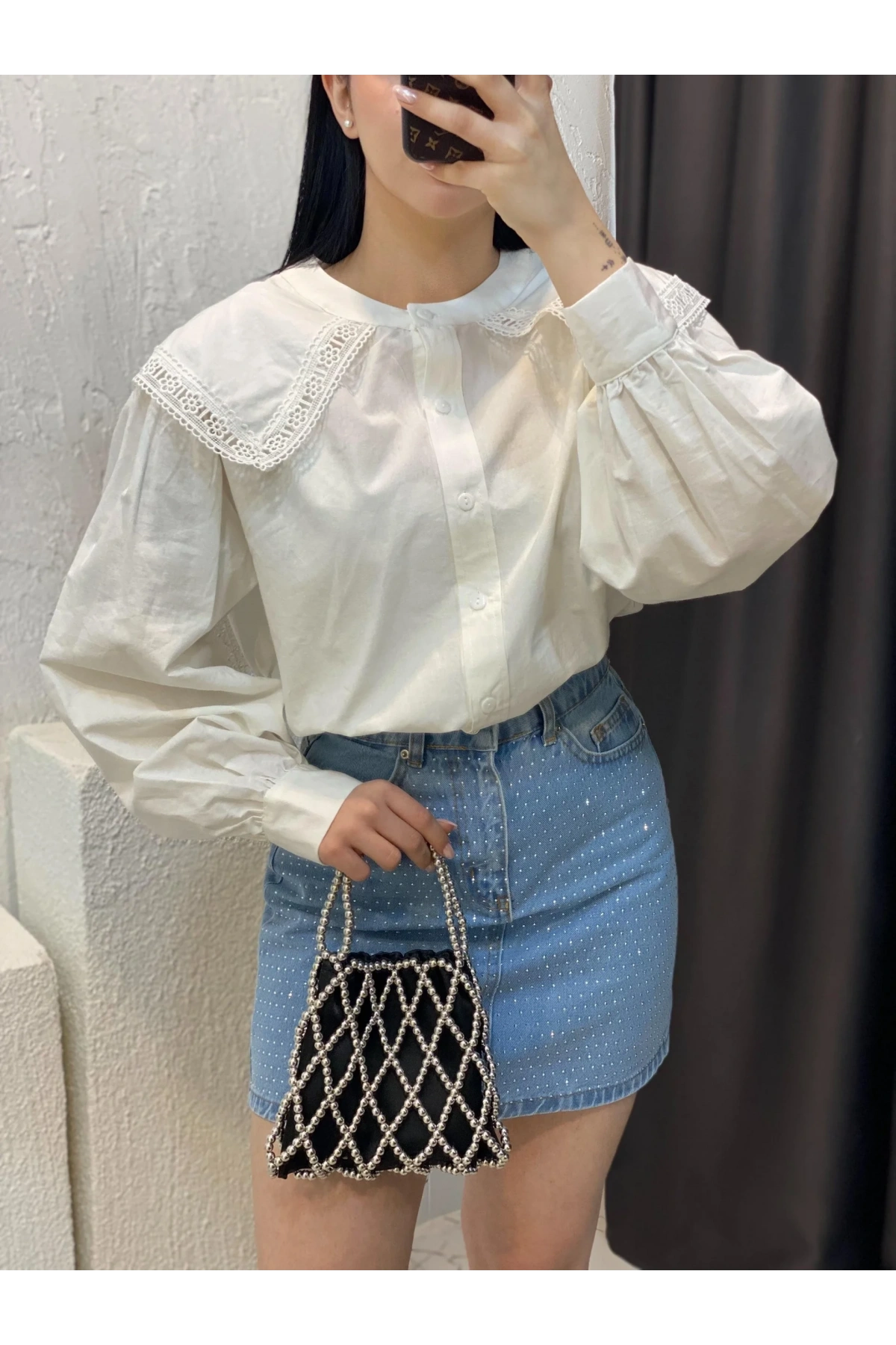 Kadın Beyaz Vintage Geniş Dantel Yakalı Uzun Balon Kol Pamuklu Pinterest Gömlek Bluz
