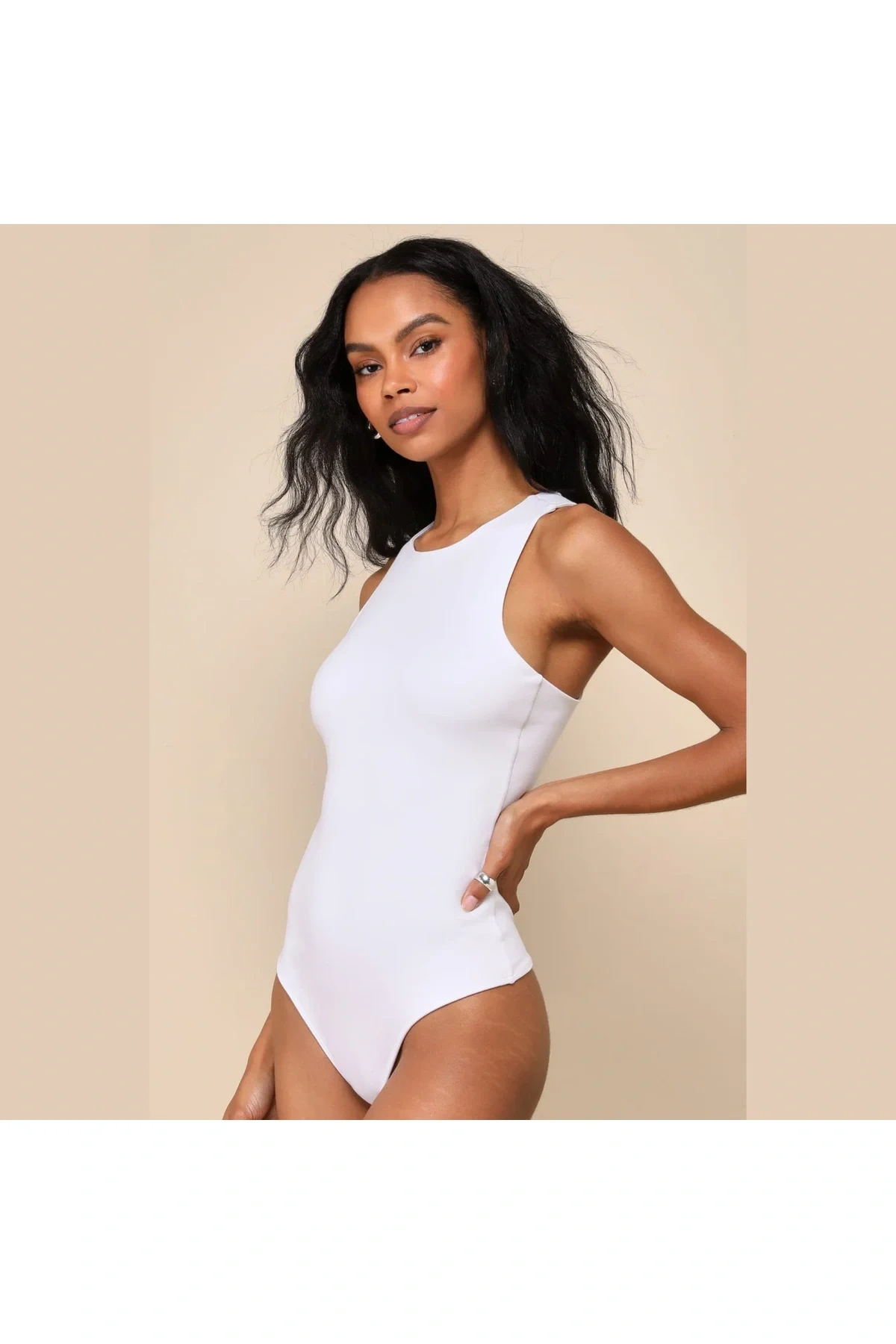 Kadın Beyaz Bisiklet Yaka Sıfır Kol Alttan Çıtçıtlı Çift Kat İpek Jarse Basic Tanga Bodysuit