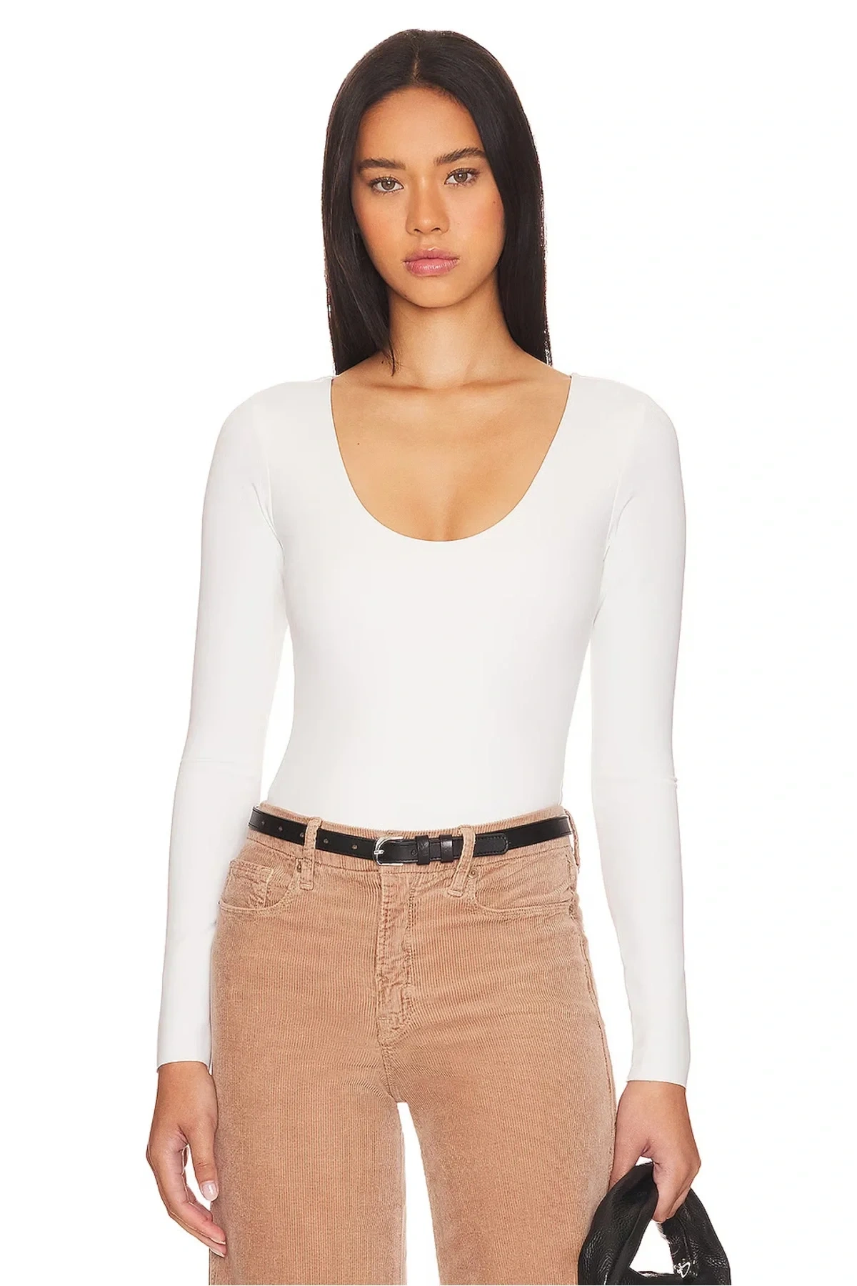 Kadın Beyaz Derin U Yaka Uzun Kollu Alttan Çıtçıtlı Çift Kat İpek Jarse Basic Tanga Bodysuit