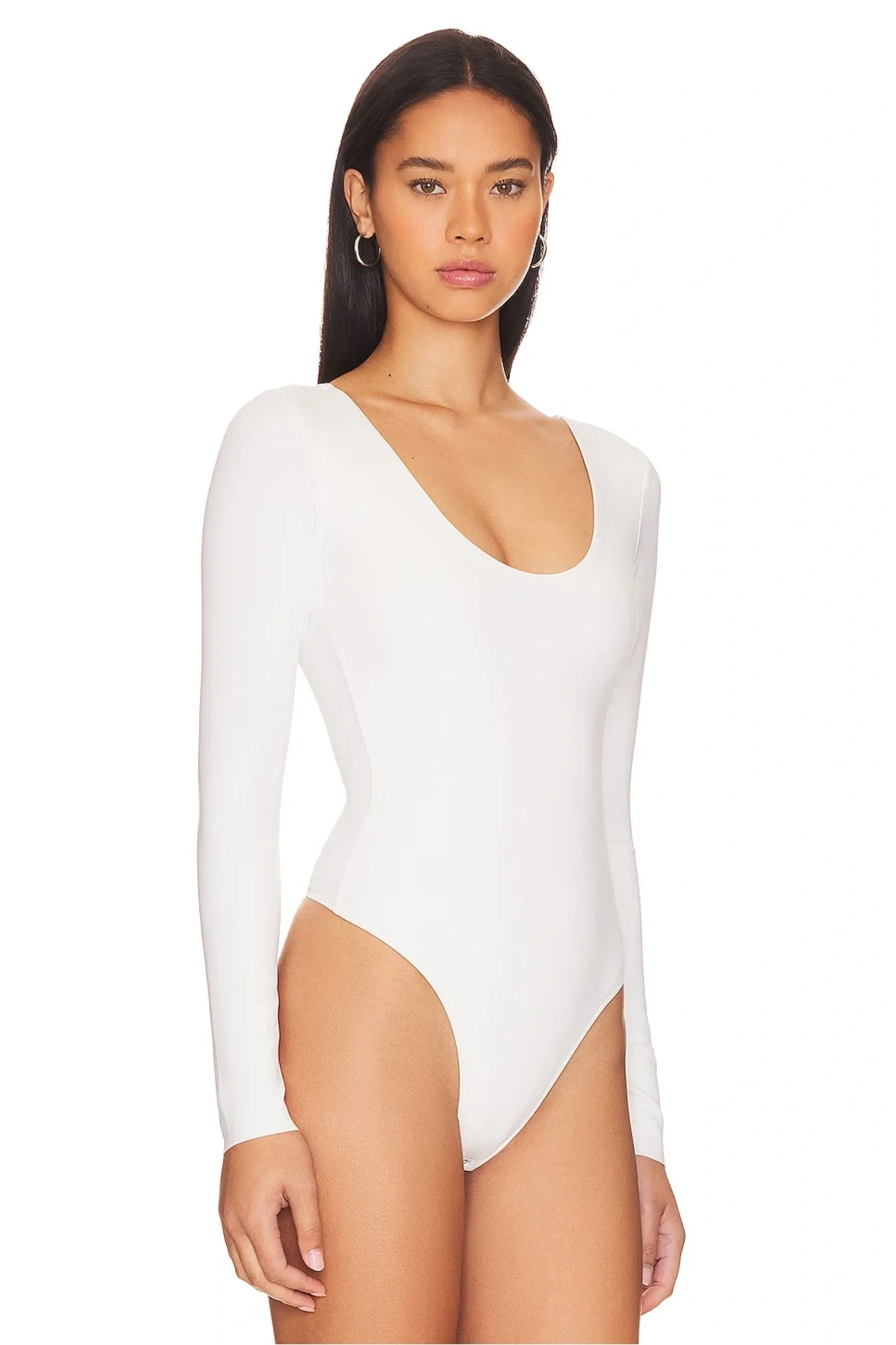 Kadın Beyaz Derin U Yaka Uzun Kollu Alttan Çıtçıtlı Çift Kat İpek Jarse Basic Tanga Bodysuit
