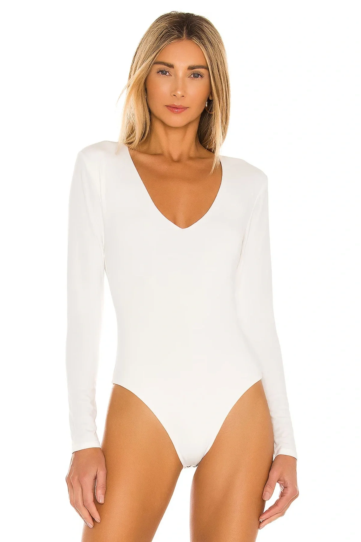 Kadın Beyaz V Yaka Uzun Kollu Alttan Çıtçıtlı Çift Kat İpek Jarse Şık Basic Tanga Bodysuit