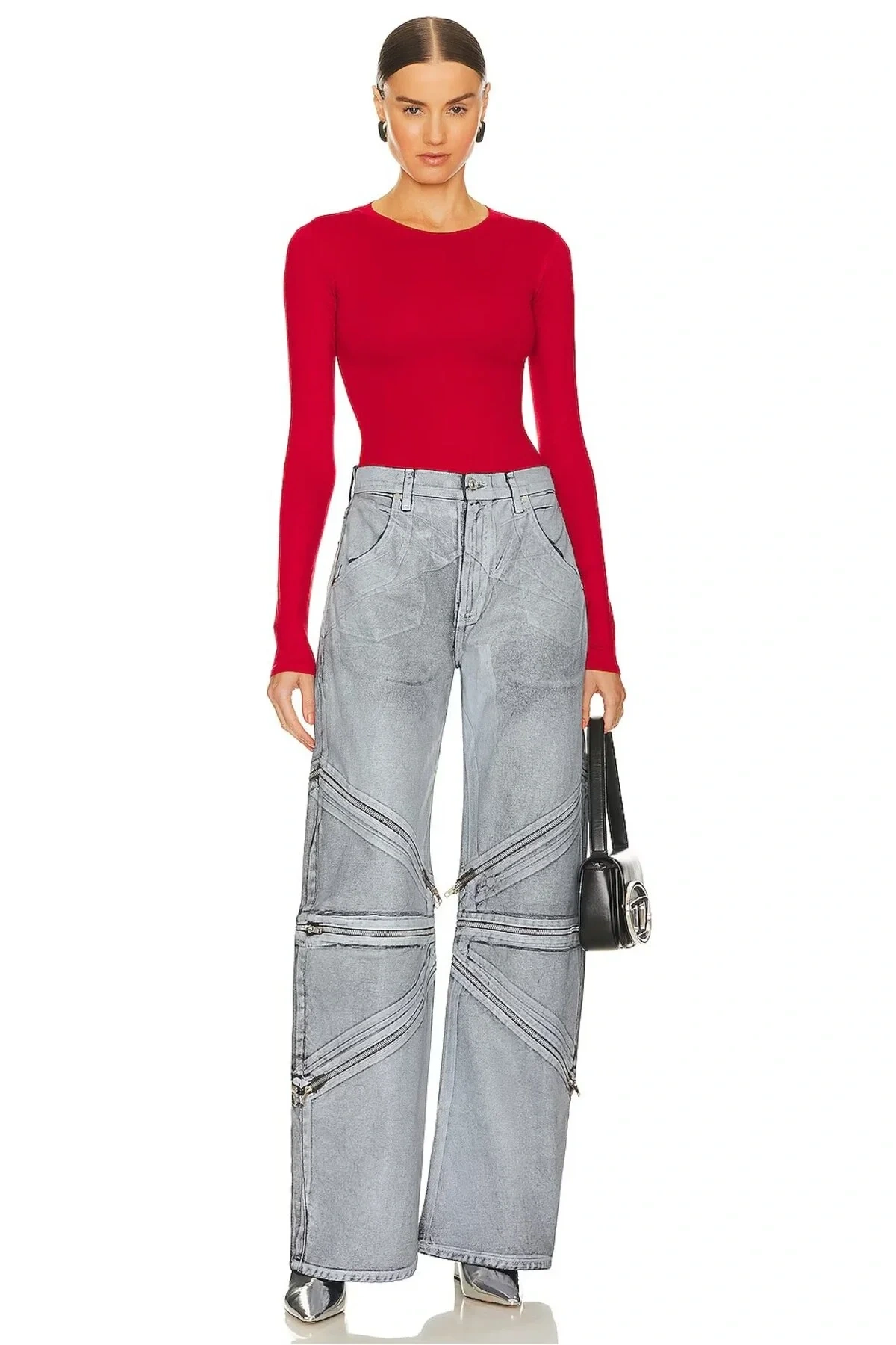 Kadın Kırmızı Bisiklet Yaka Uzun Kol Alttan Çıtçıtlı Çift Kat İpek Jarse Basic Tanga Bodysuit