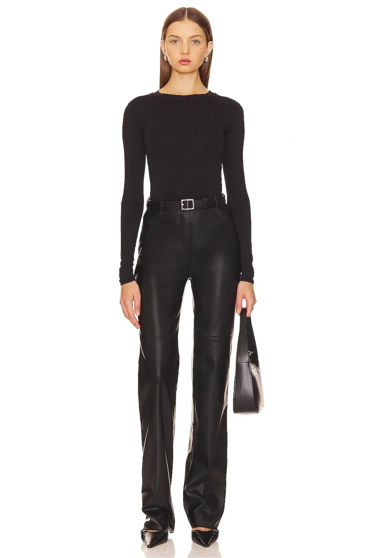 Kadın Siyah Bisiklet Yaka Uzun Kol Alttan Çıtçıtlı Çift Kat İpek Jarse Basic Tanga Bodysuit