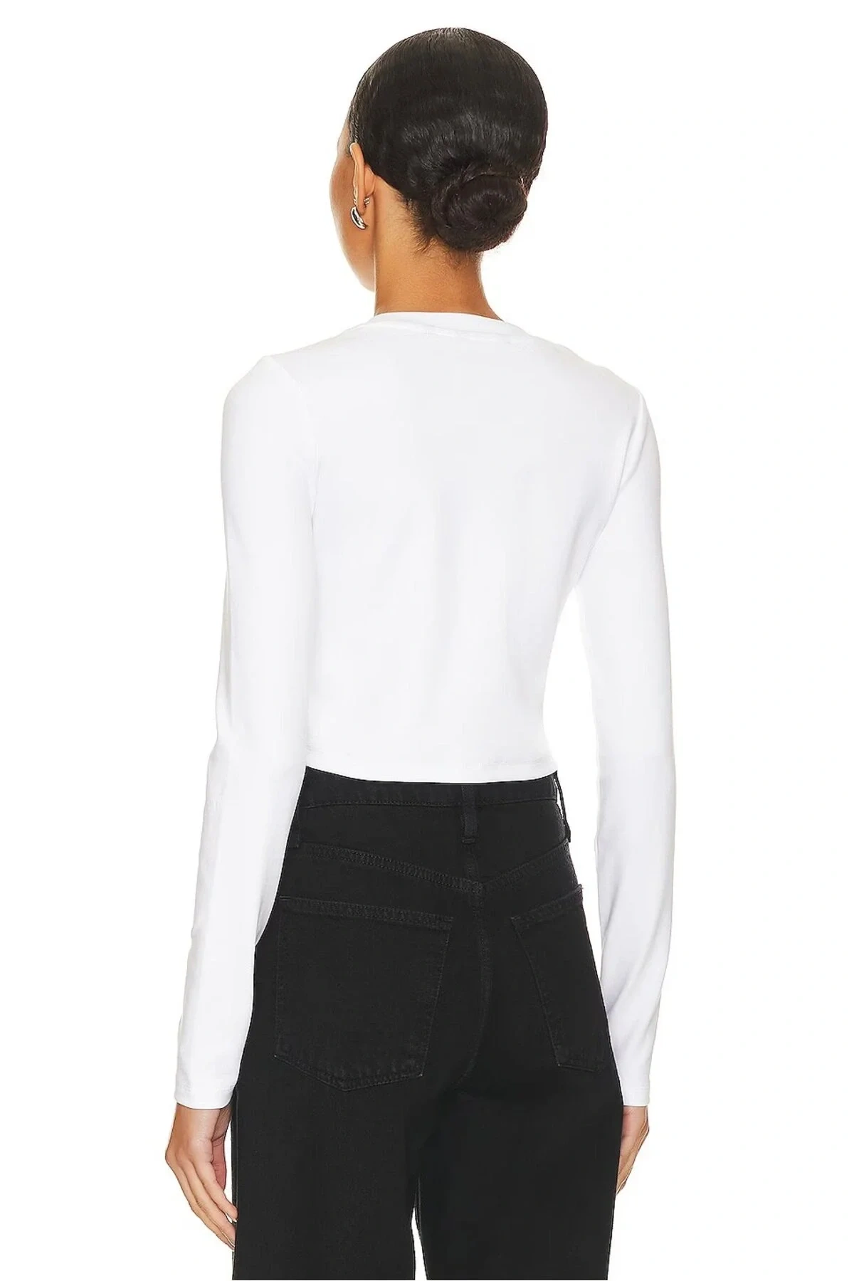 Kadın Beyaz Bisiklet Yaka Uzun Kollu Esnek Sandy Kumaş Basic Crop Top Body Bluz