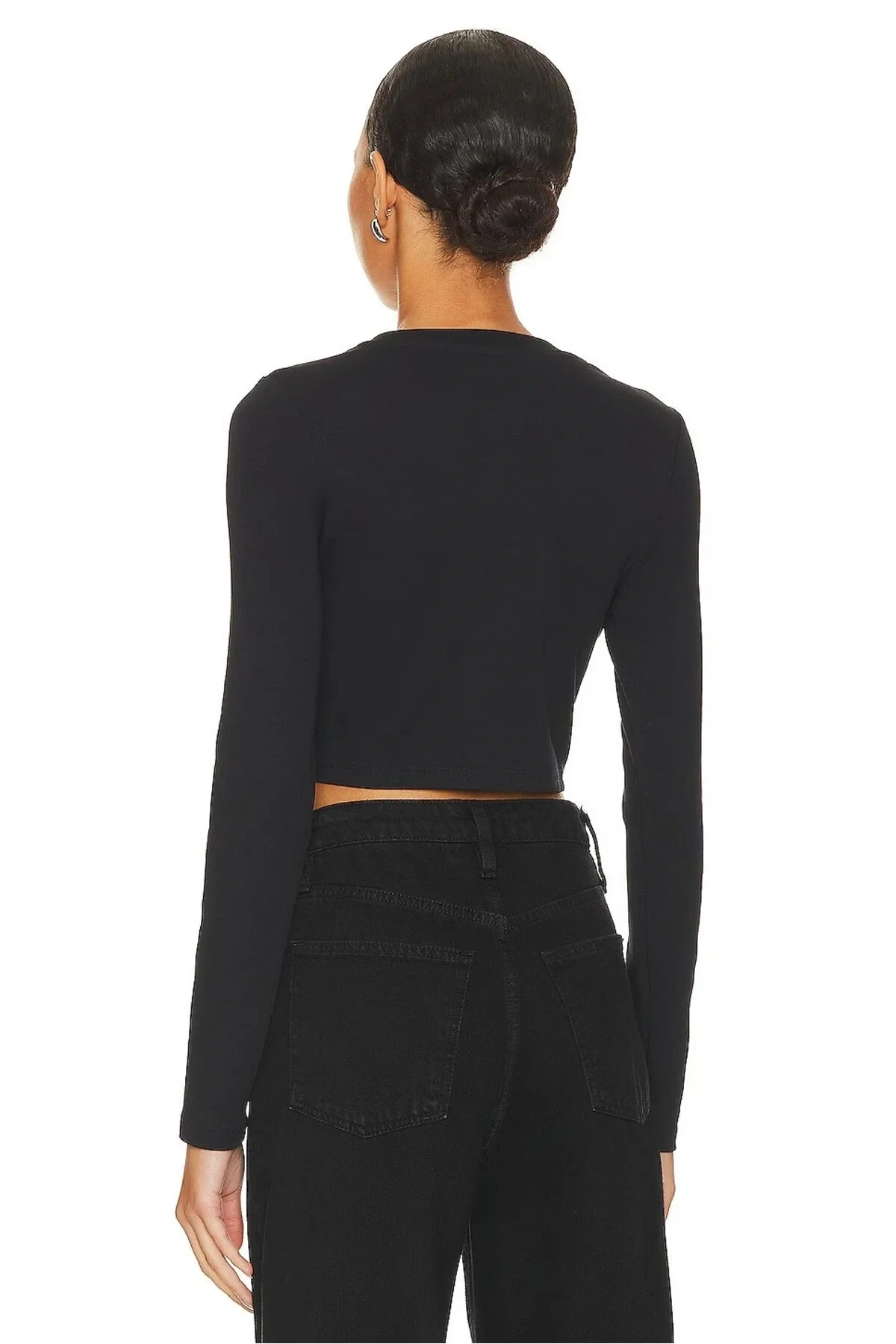 Kadın Siyah Bisiklet Yaka Uzun Kollu Esnek Sandy Kumaş Basic Crop Top Body Bluz