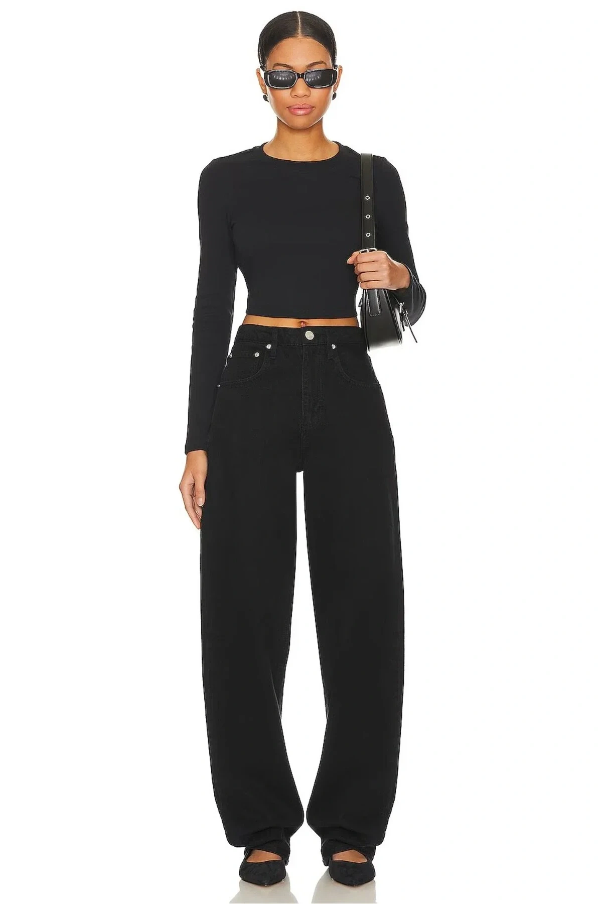 Kadın Siyah Bisiklet Yaka Uzun Kollu Esnek Sandy Kumaş Basic Crop Top Body Bluz