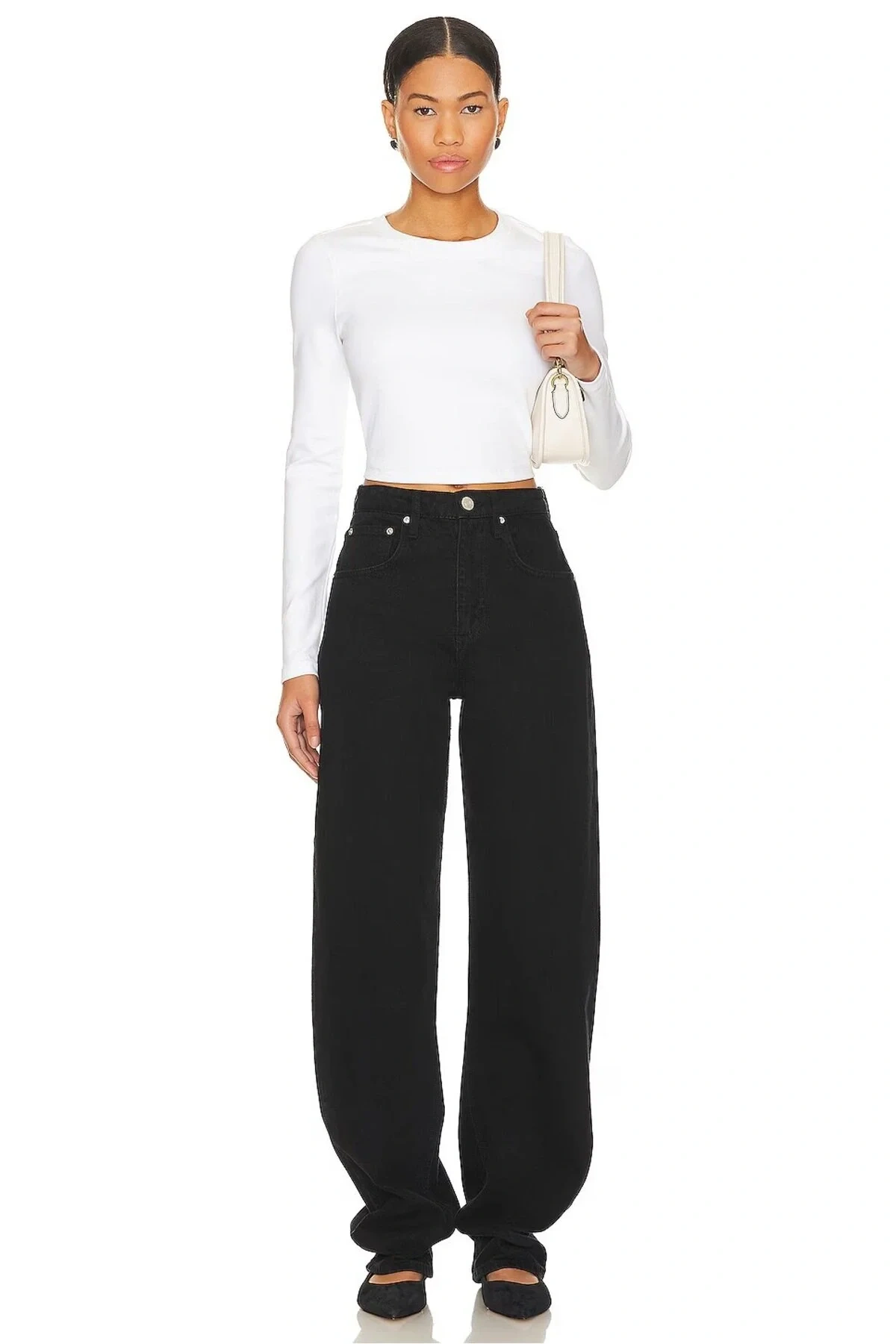 Kadın Beyaz Bisiklet Yaka Uzun Kollu Esnek Sandy Kumaş Basic Crop Top Body Bluz