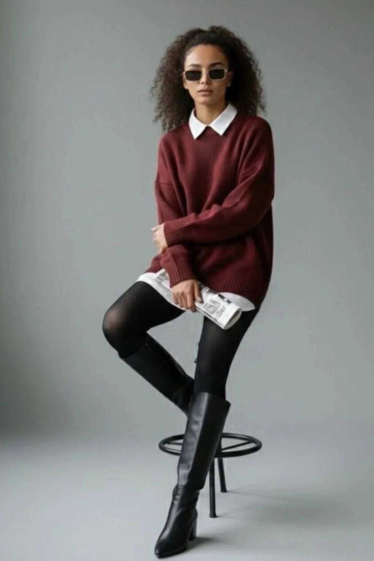 Kadın Bordo Bisiklet Yaka Uzun Kollu Oversize Yumuşak Dokulu Triko Kazak