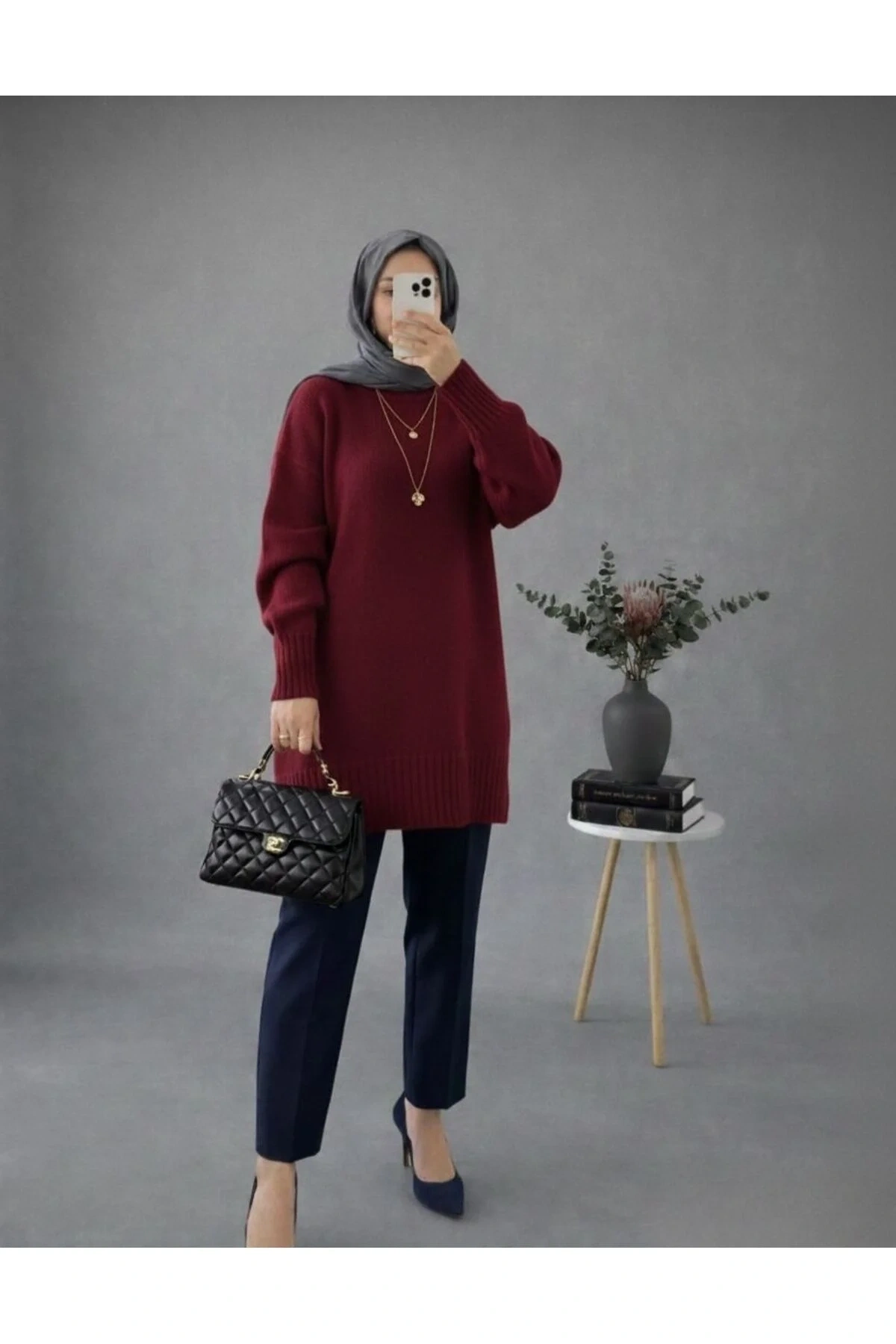 Kadın Bordo Bisiklet Yaka Uzun Balon Kollu Oversize Yumuşak Triko Tunik Kazak