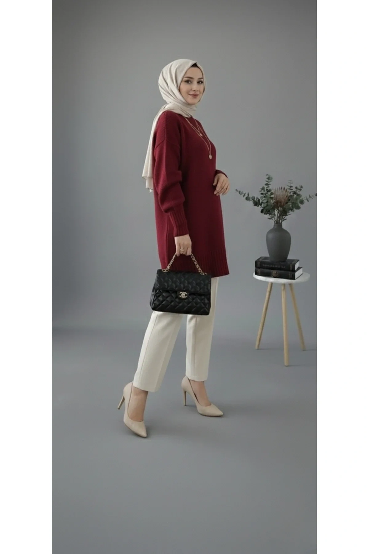 Kadın Bordo Bisiklet Yaka Uzun Balon Kollu Oversize Yumuşak Triko Tunik Kazak