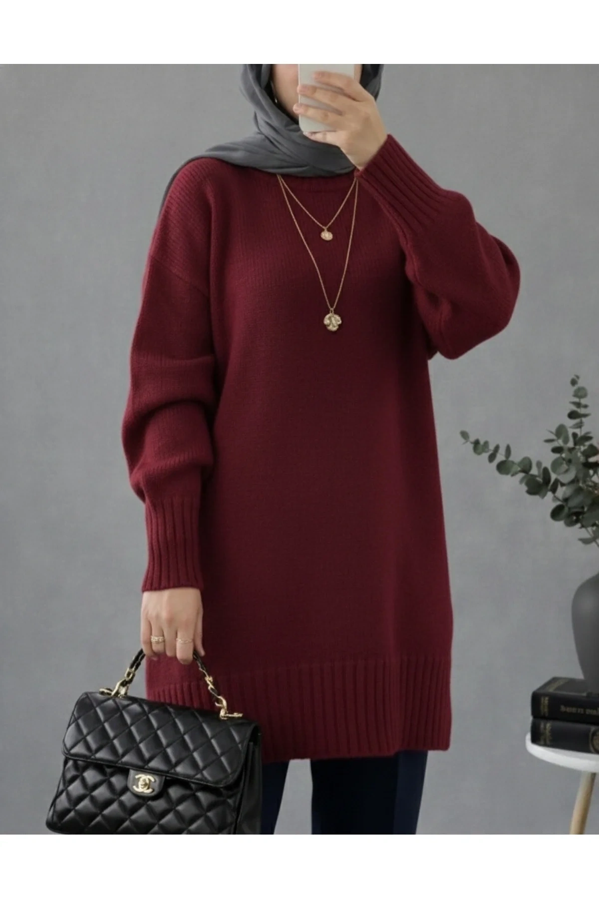 Kadın Bordo Bisiklet Yaka Uzun Balon Kollu Oversize Yumuşak Triko Tunik Kazak