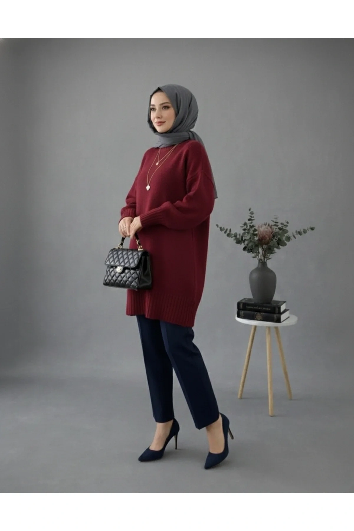 Kadın Bordo Bisiklet Yaka Uzun Balon Kollu Oversize Yumuşak Triko Tunik Kazak