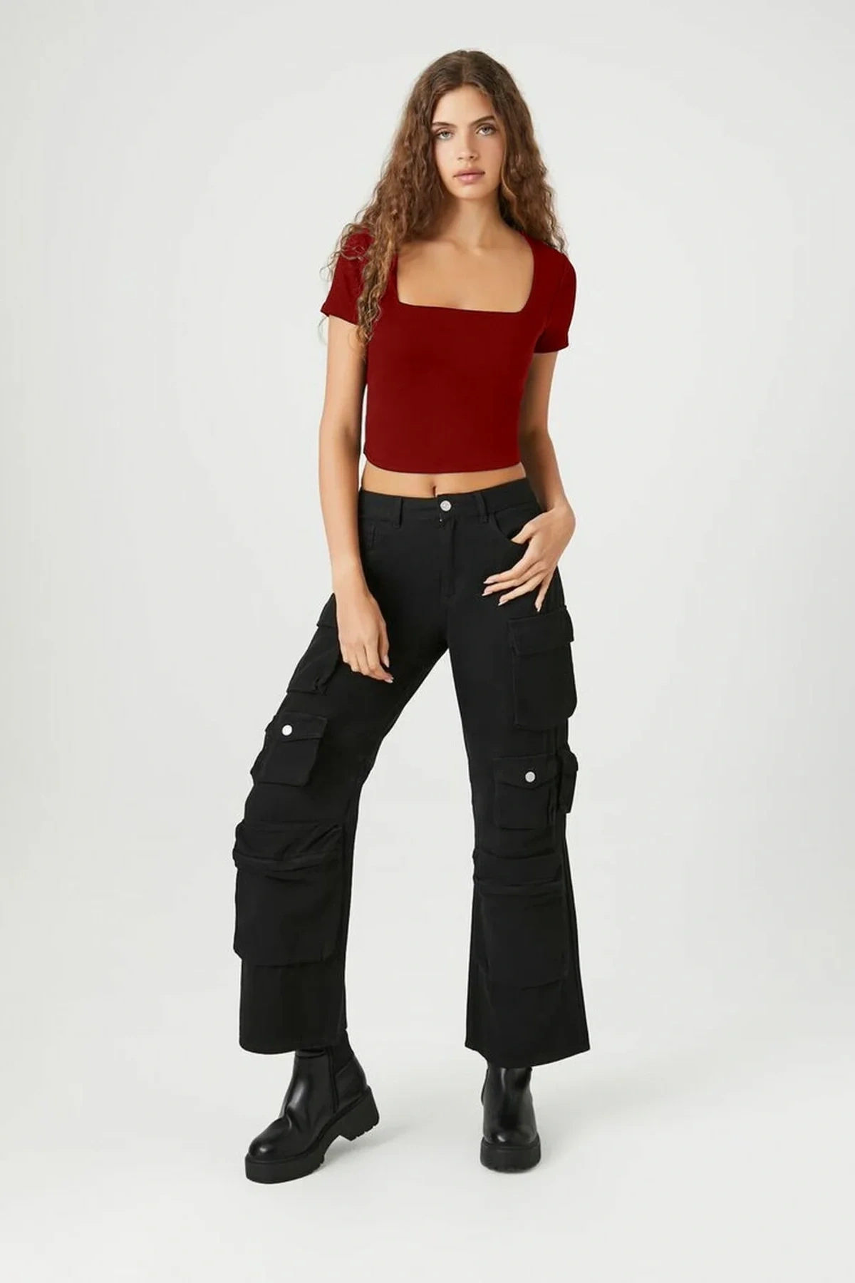 Kadın Bordo Kare Yaka Kısa Kollu Çift Kat Sandy Kumaş Basic Body Crop Tişört