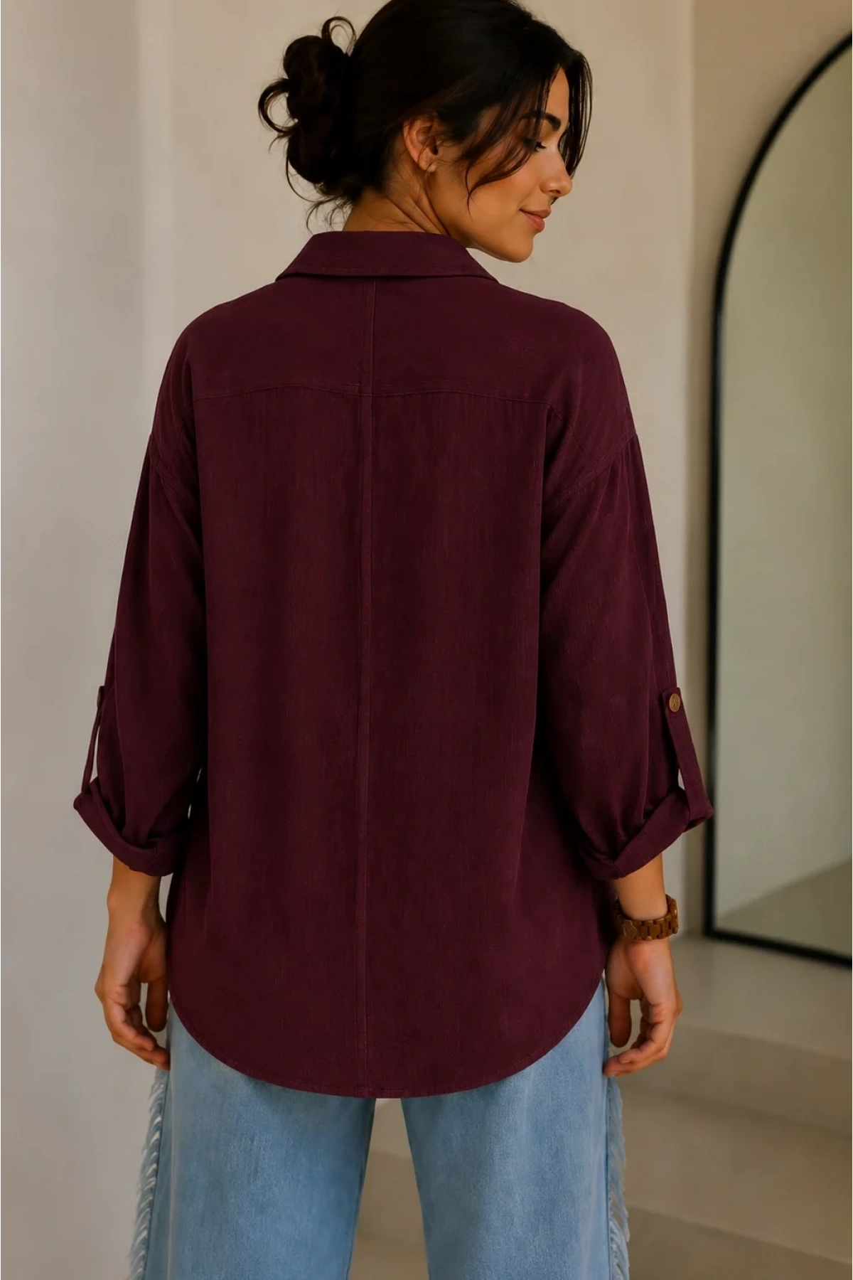 Kadın Bordo Pamuklu Keten Çift Cepli Ahşap Düğmeli Oversize Salaş Yazlık Gömlek