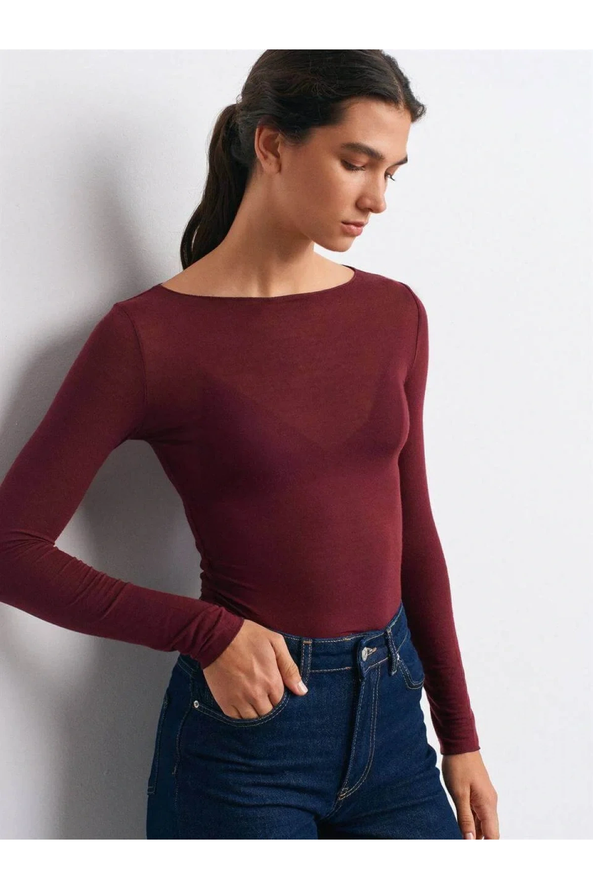 Kadın Bordo Kayık Yaka Uzun Kollu Transparan Hafif Kaşmir Dokulu Bluz Body