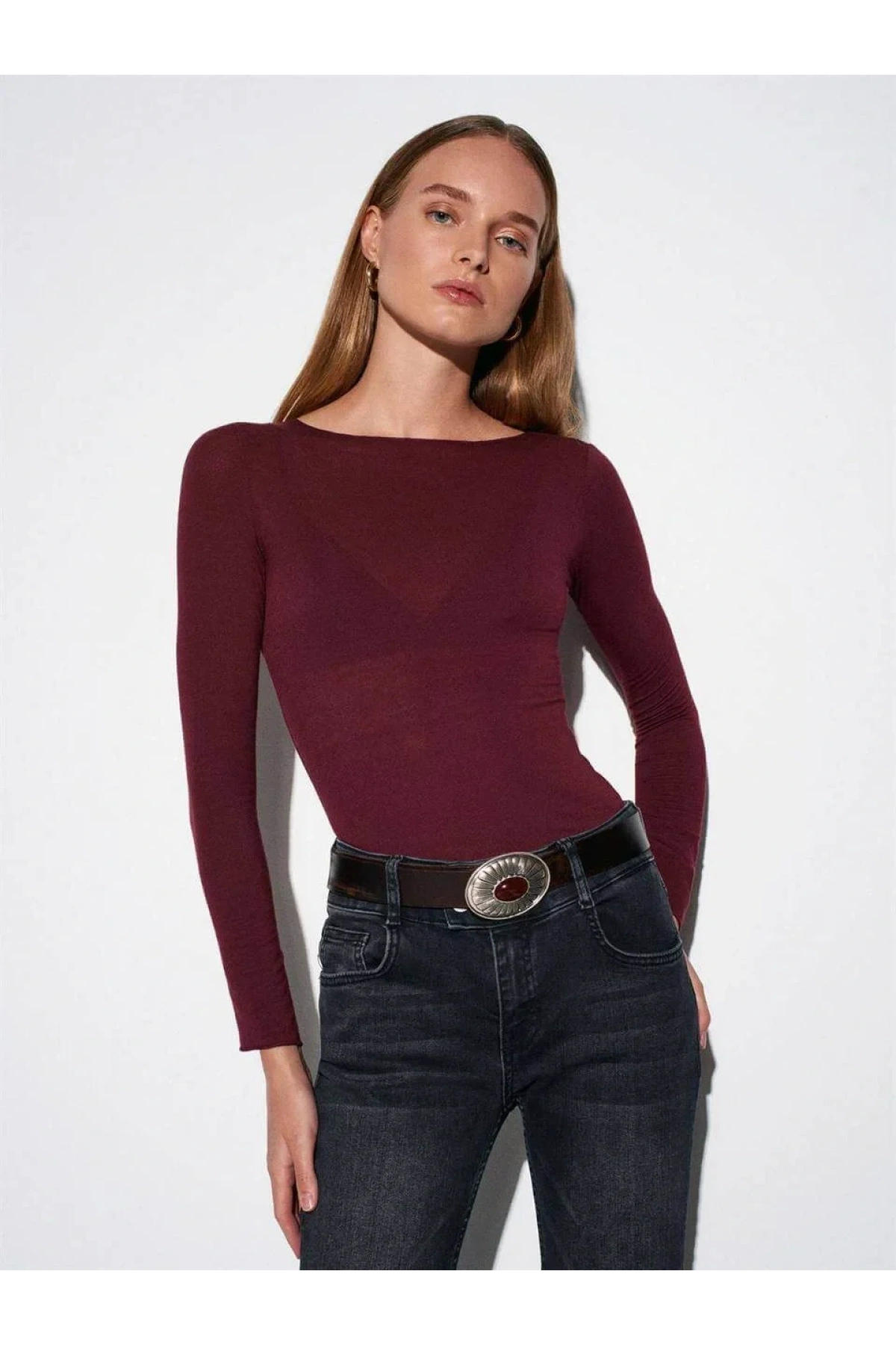Kadın Bordo Kayık Yaka Uzun Kollu Transparan Hafif Kaşmir Dokulu Bluz Body