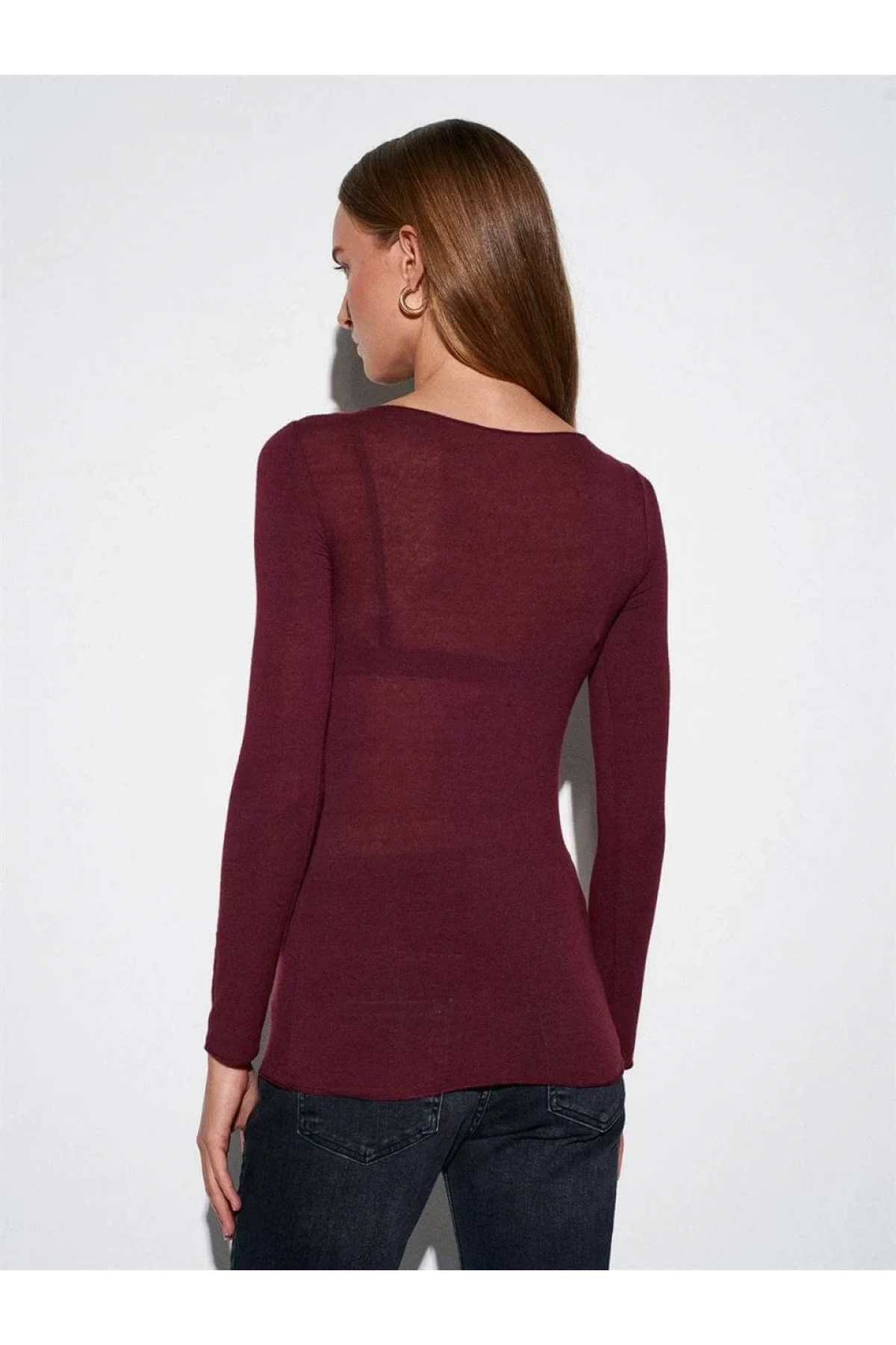 Kadın Bordo Kayık Yaka Uzun Kollu Transparan Hafif Kaşmir Dokulu Bluz Body