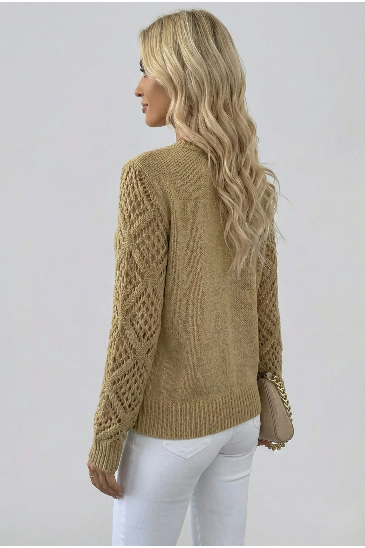 Kadın Camel V Yaka Uzun Kol Kolları Ajurlu Örgü Detaylı Dökümlü Rahat Triko Kazak