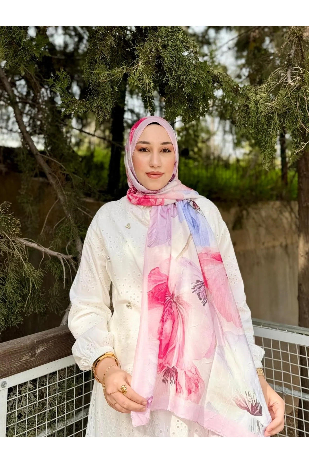 Kadın Pembe Lila Floral Çiçek Desenli Bambu Dokuma Soft Yumuşak Şal