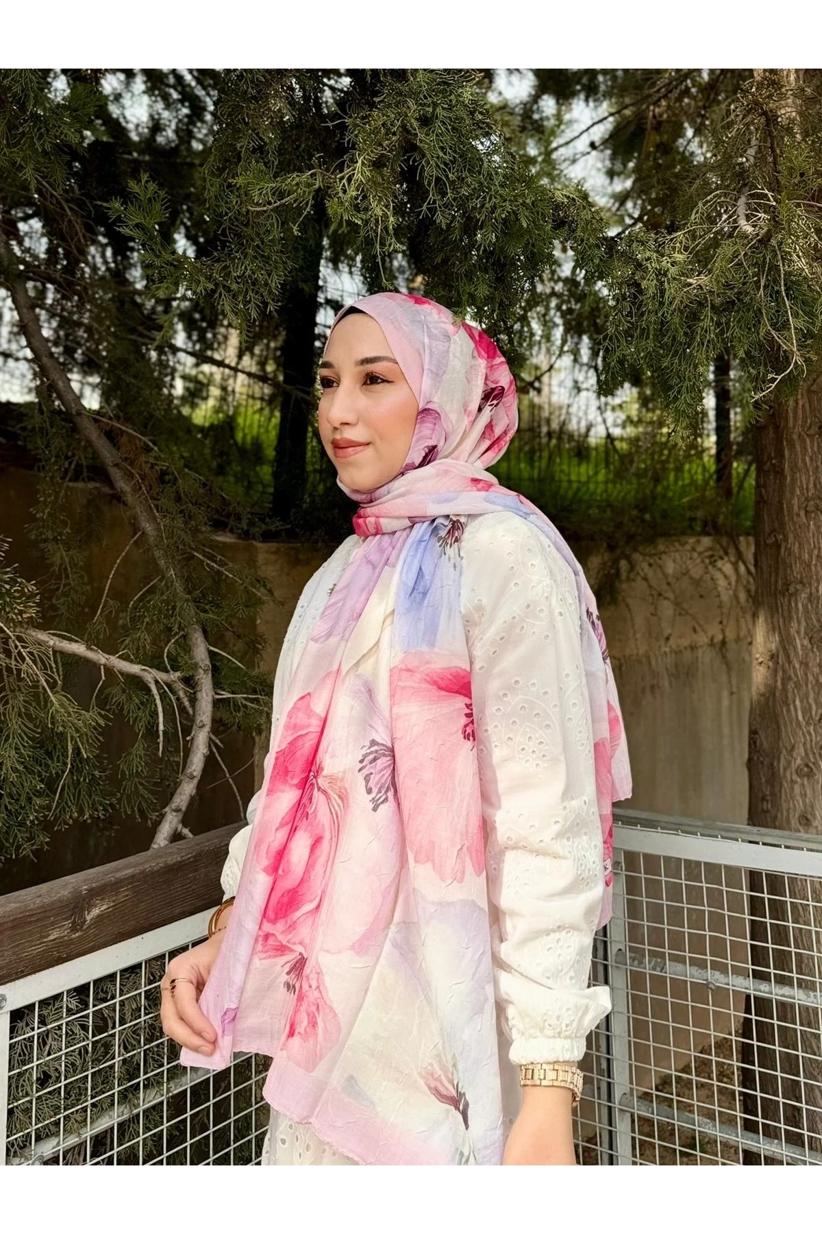 Kadın Pembe Lila Floral Çiçek Desenli Bambu Dokuma Soft Yumuşak Şal