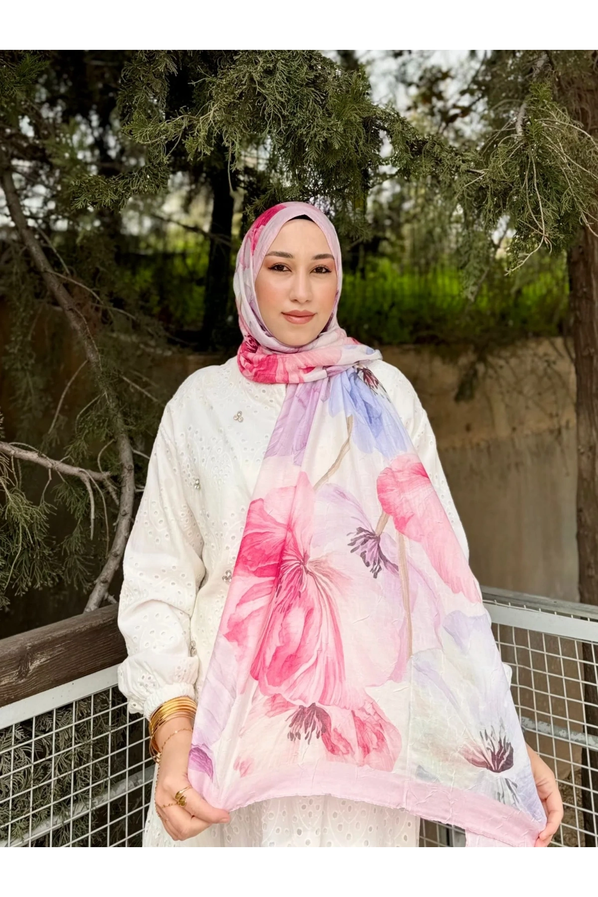 Kadın Pembe Lila Floral Çiçek Desenli Bambu Dokuma Soft Yumuşak Şal