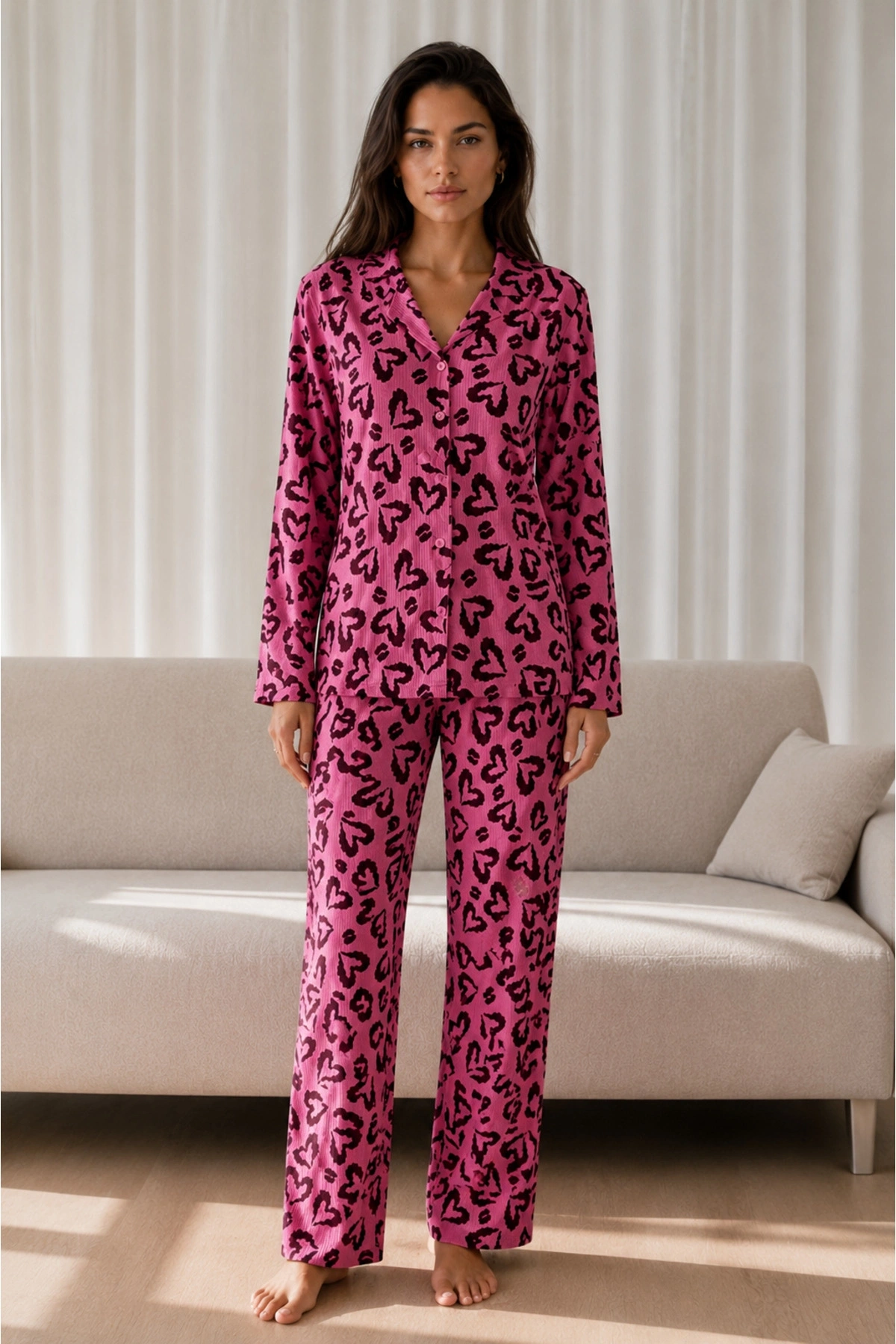 Kadın Lila Fitilli Leopar Desenli Gömlek Yaka Uzun Kollu Pantolonlu Pijama Takımı