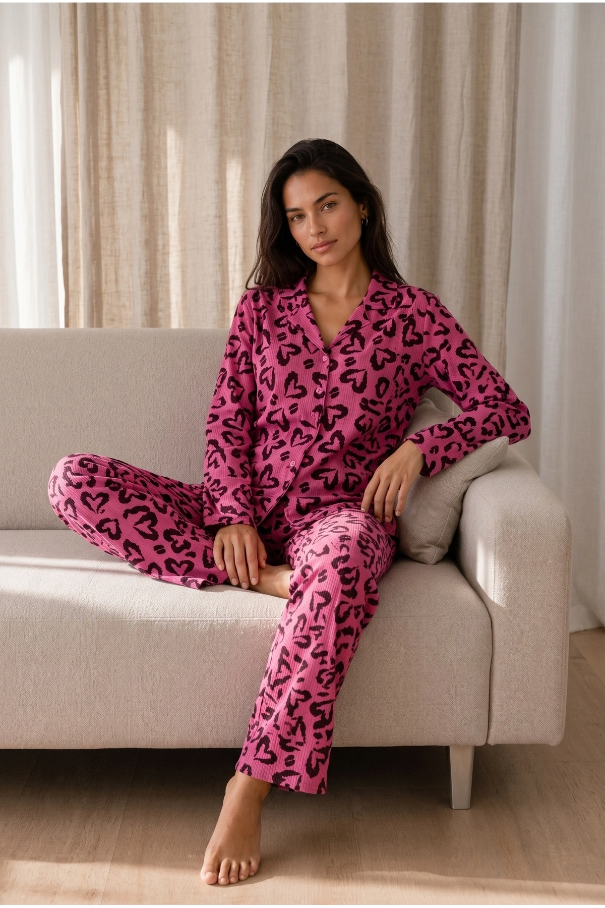 Kadın Lila Fitilli Leopar Desenli Gömlek Yaka Uzun Kollu Pantolonlu Pijama Takımı