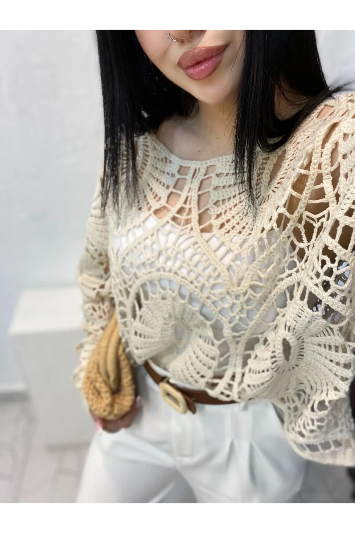 Kadın Ekru Crochet Örgü Desenli Ajurlu Transparan Uzun Kol Dantel Triko Pinterest Bluz