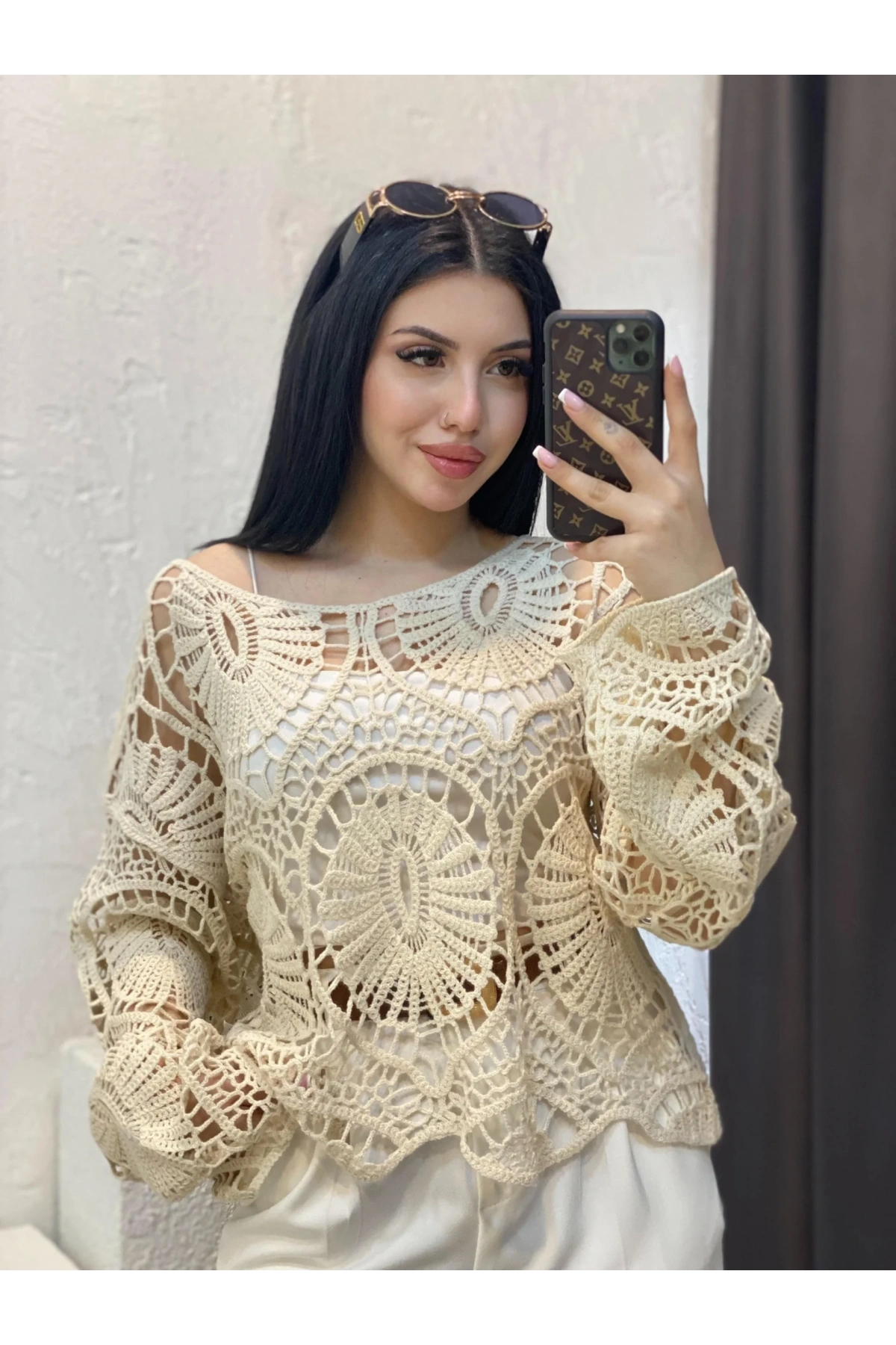 Kadın Ekru Crochet Örgü Desenli Ajurlu Transparan Uzun Kol Dantel Triko Pinterest Bluz