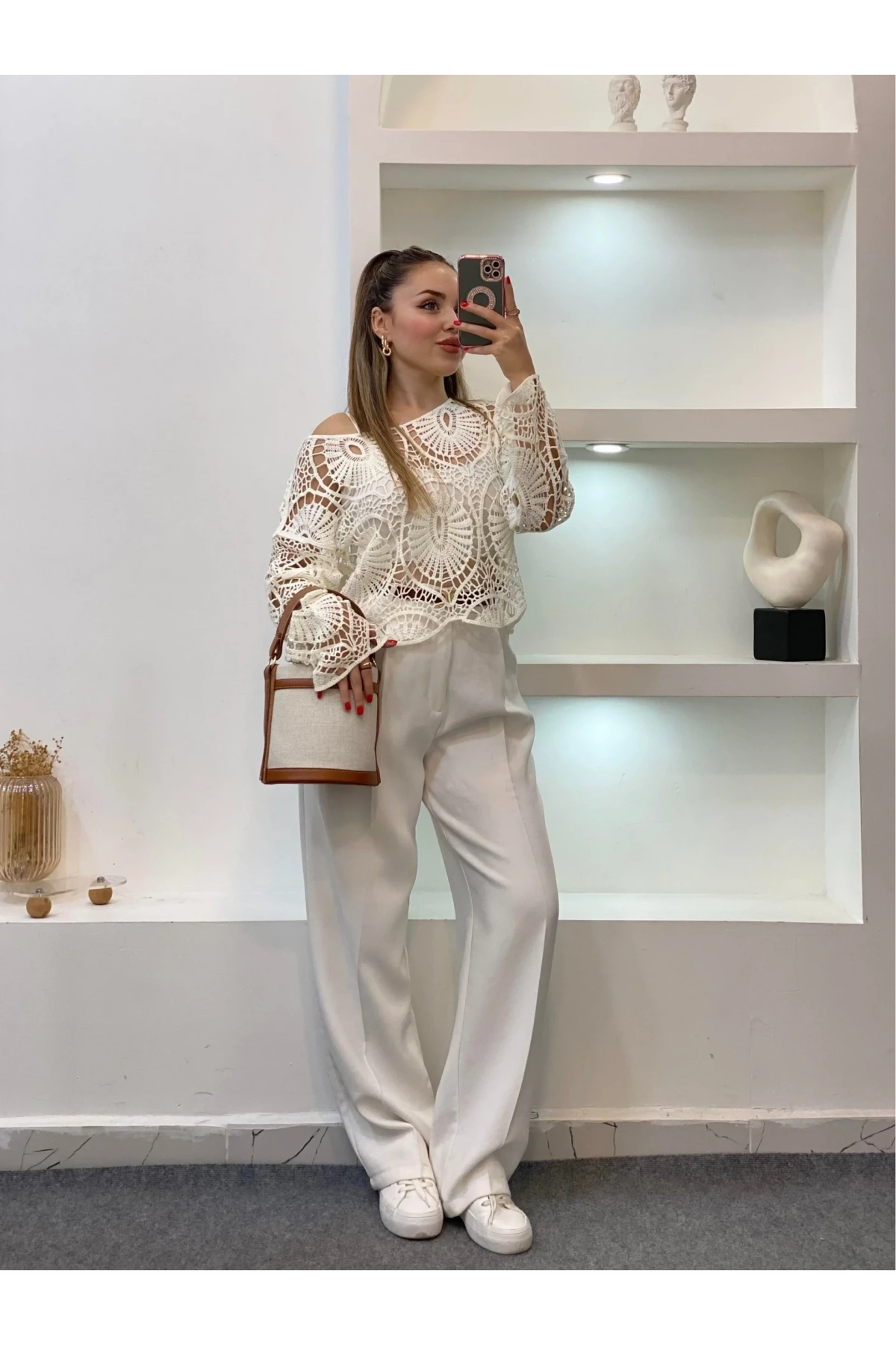 Kadın Ekru Crochet Örgü Desenli Ajurlu Transparan Uzun Kol Dantel Triko Pinterest Bluz