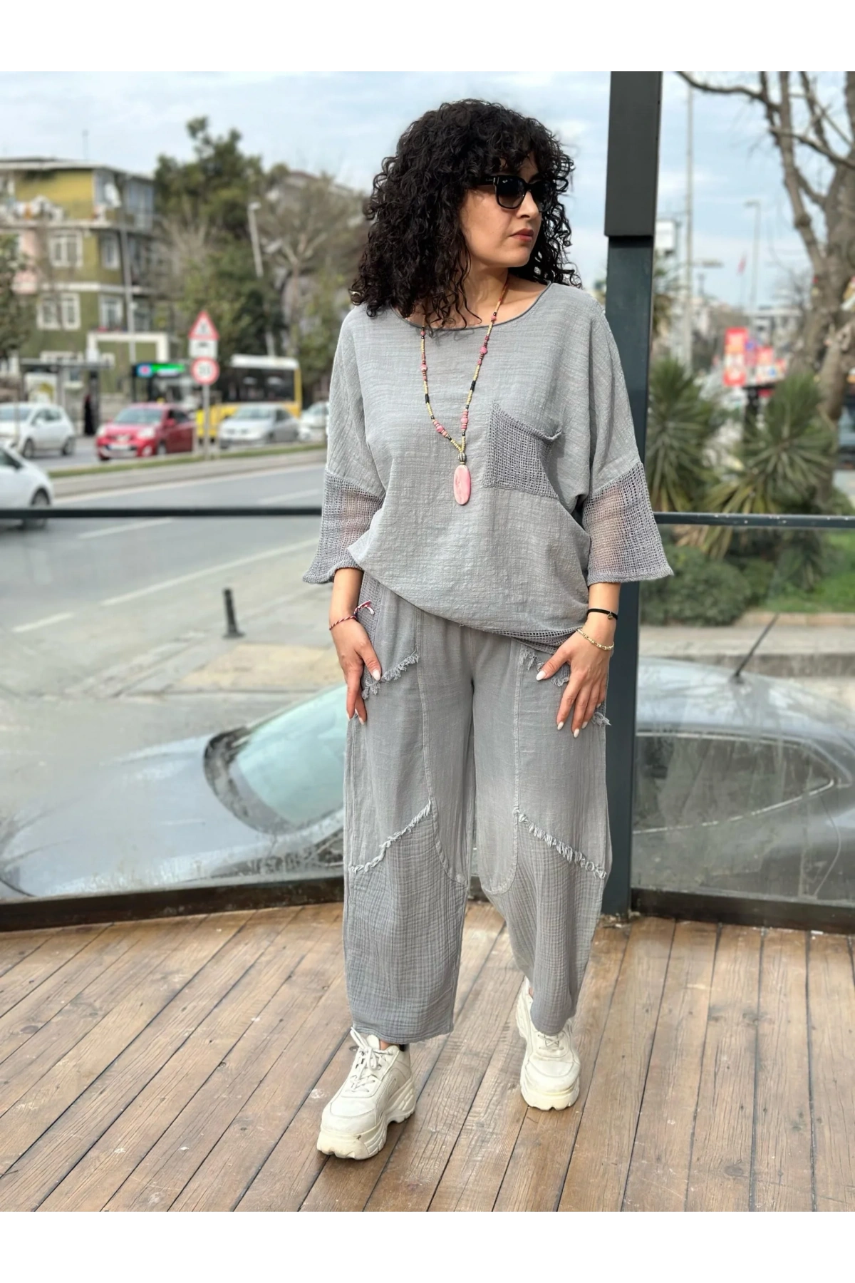 Kadın Gri Keten Cepli Yıkamalı Bohem Pinterest Salaş Bol Paça Pantolon Yüksek Bel