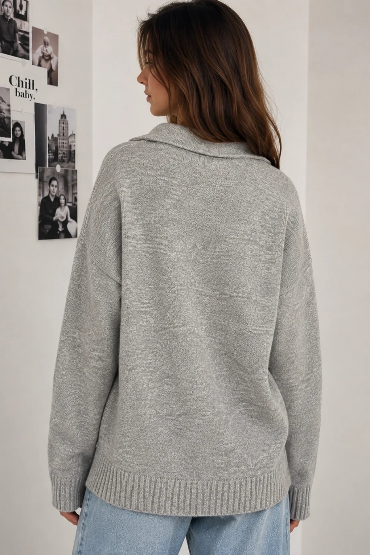 Kadın Gri Pamuklu Polo Yaka Oversize Triko Kazak
