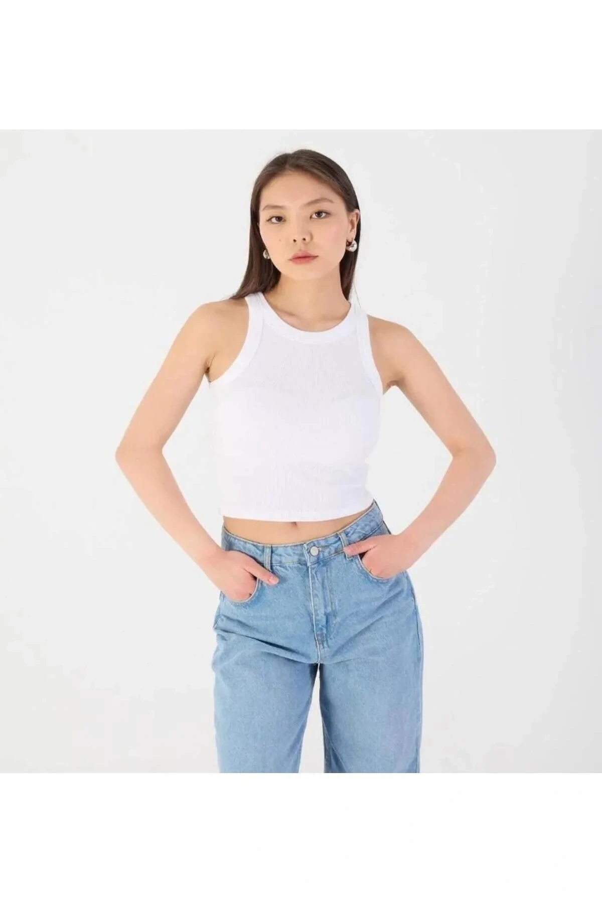 Kadın Beyaz Halter Yaka Fitilli Kaşkorse Sporcu Basic Düz Günlük Yazlık Crop Atlet