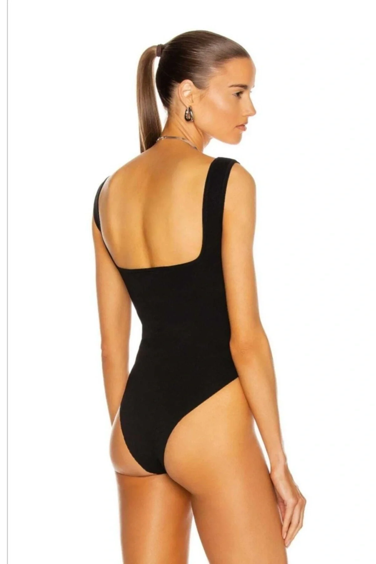 Kadın Siyah Kare Yaka Sırtı Açık Sıfır Kol Çıtçıtlı Çift Kat İpek Jarse Basic Tanga Bodysuit