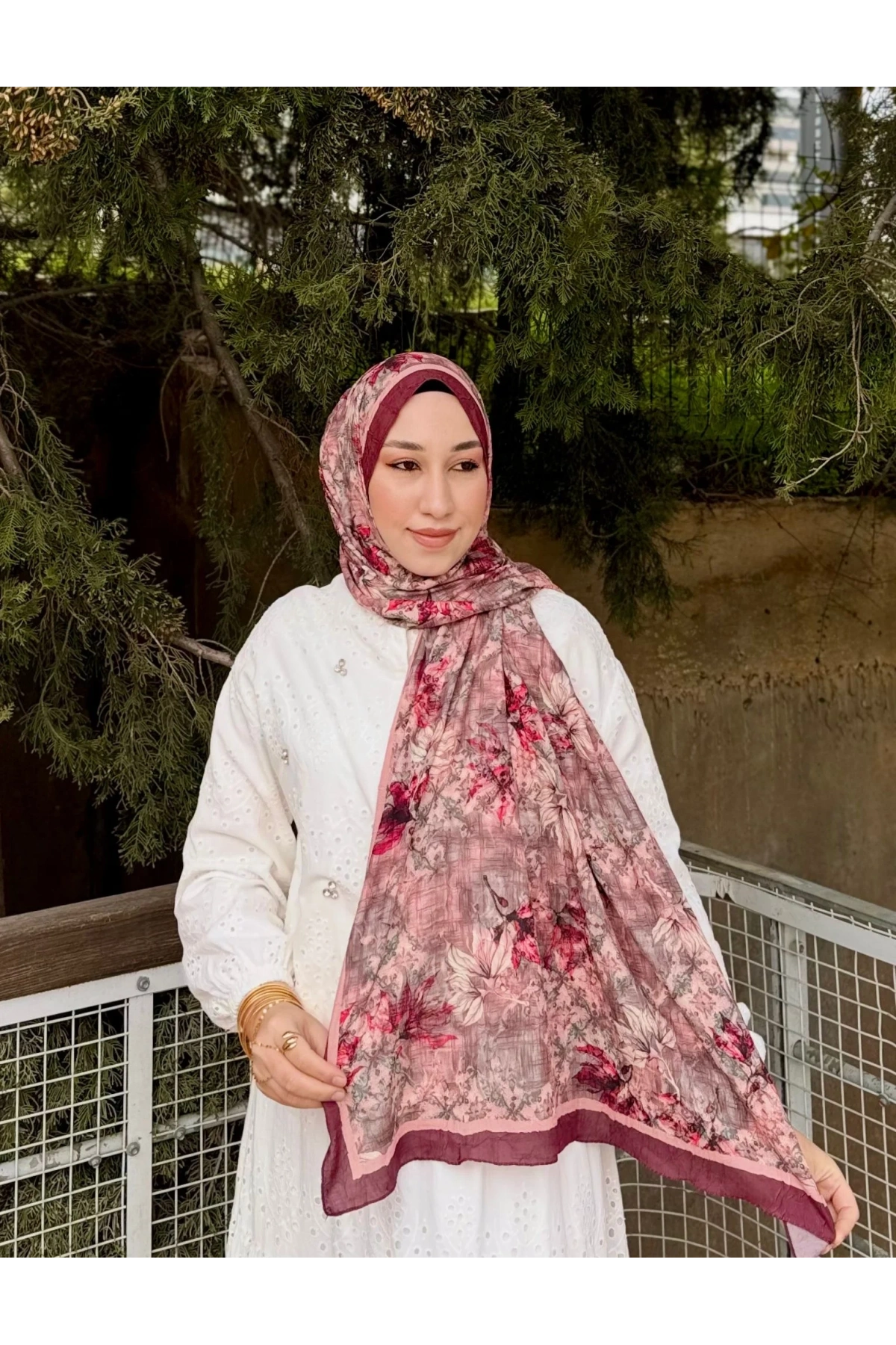 Kadın Terracotta Bordo Floral Çiçek Ebruli Desenli Bambu Dokuma Soft Yumuşak Şal