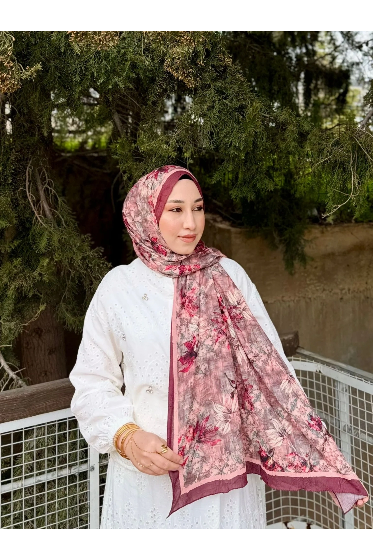 Kadın Terracotta Bordo Floral Çiçek Ebruli Desenli Bambu Dokuma Soft Yumuşak Şal