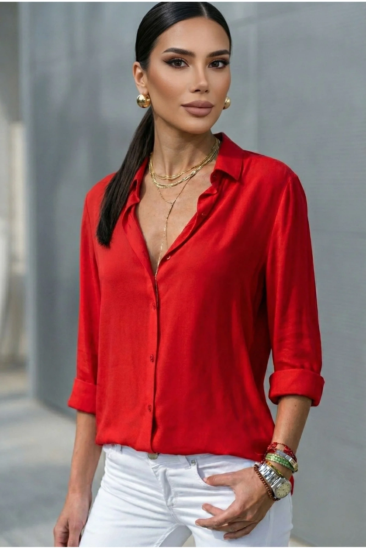 Kadın Kırmızı Düz Renk Dokuma Uzun Kollu Manşetli Düğmeli Pamuklu Viskon Basic Gömlek