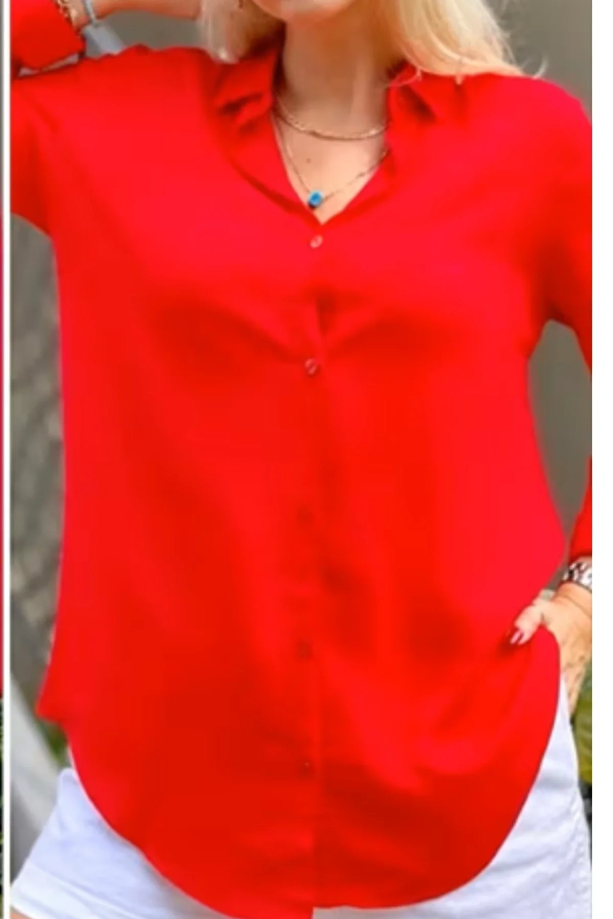 Kadın Kırmızı Düz Renk Dokuma Uzun Kollu Manşetli Düğmeli Pamuklu Viskon Basic Gömlek