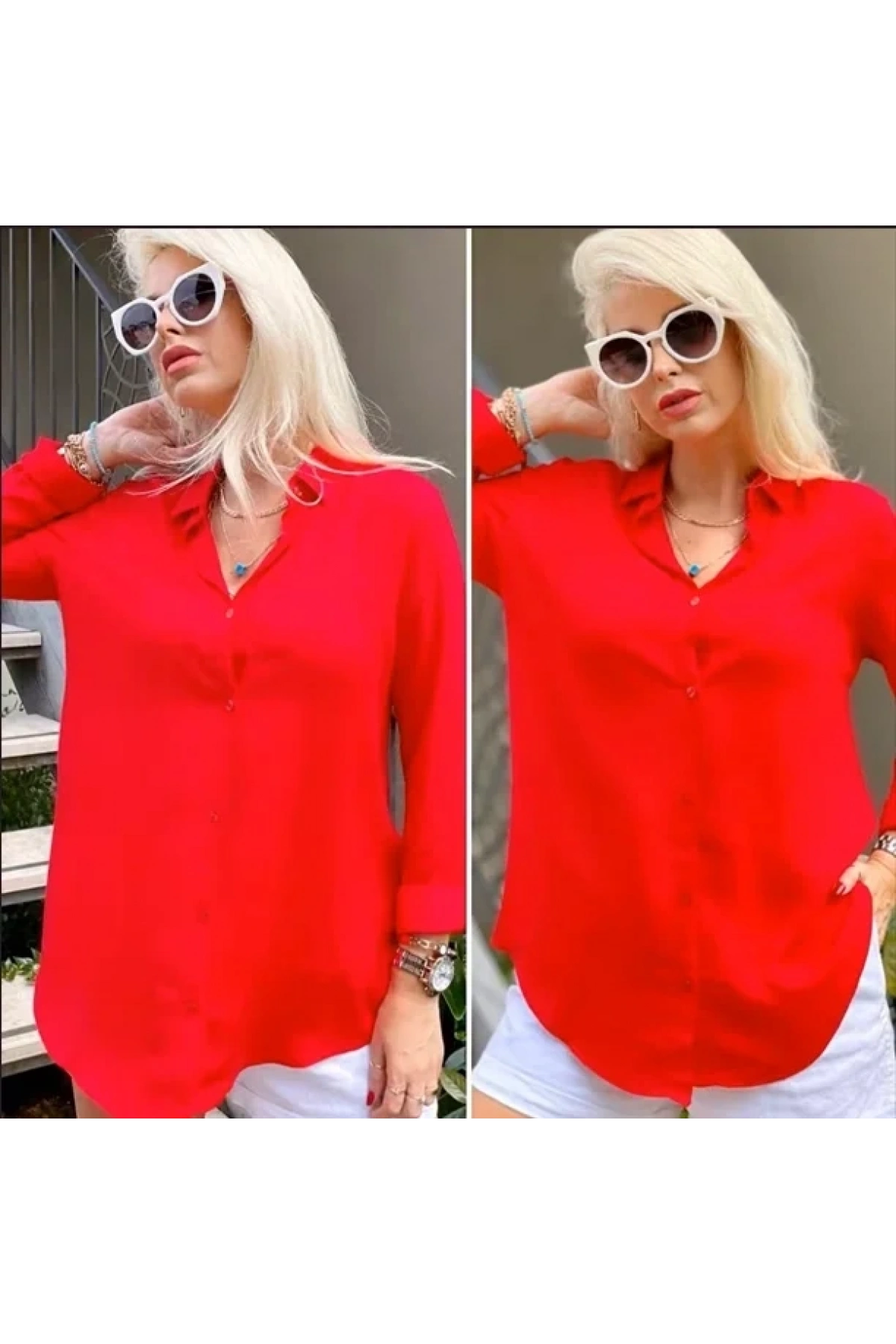 Kadın Kırmızı Düz Renk Dokuma Uzun Kollu Manşetli Düğmeli Pamuklu Viskon Basic Gömlek