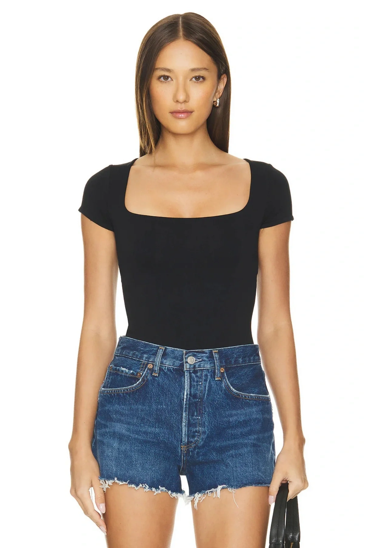 Kadın Siyah Kısa Kollu Önü Kare Yaka Çift Kat Sandy Kumaş Basic Bluz Body Tişört