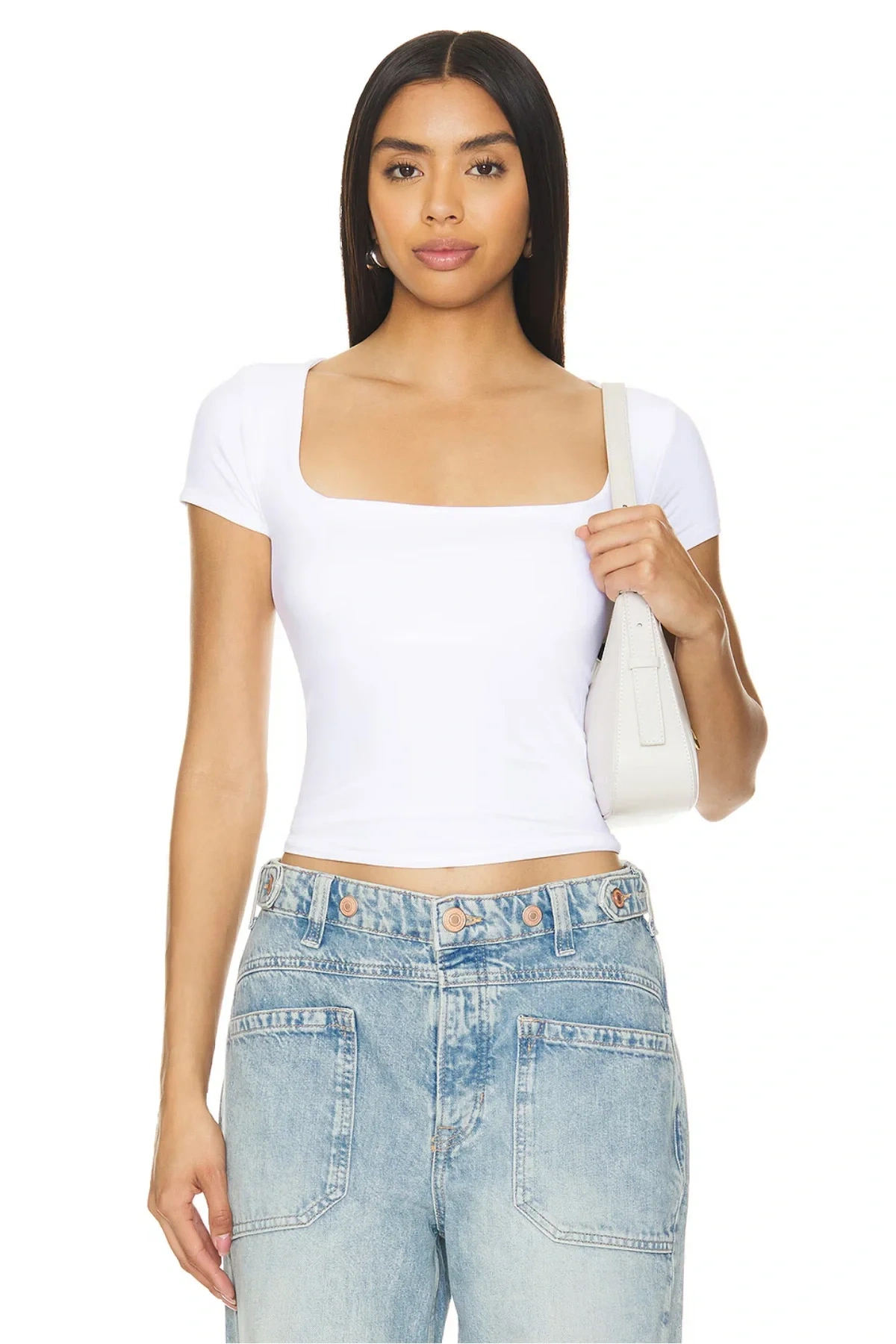 Kadın Beyaz Kısa Kollu Önü Kare Yaka Çift Kat Sandy Kumaş Basic Bluz Body Tişört