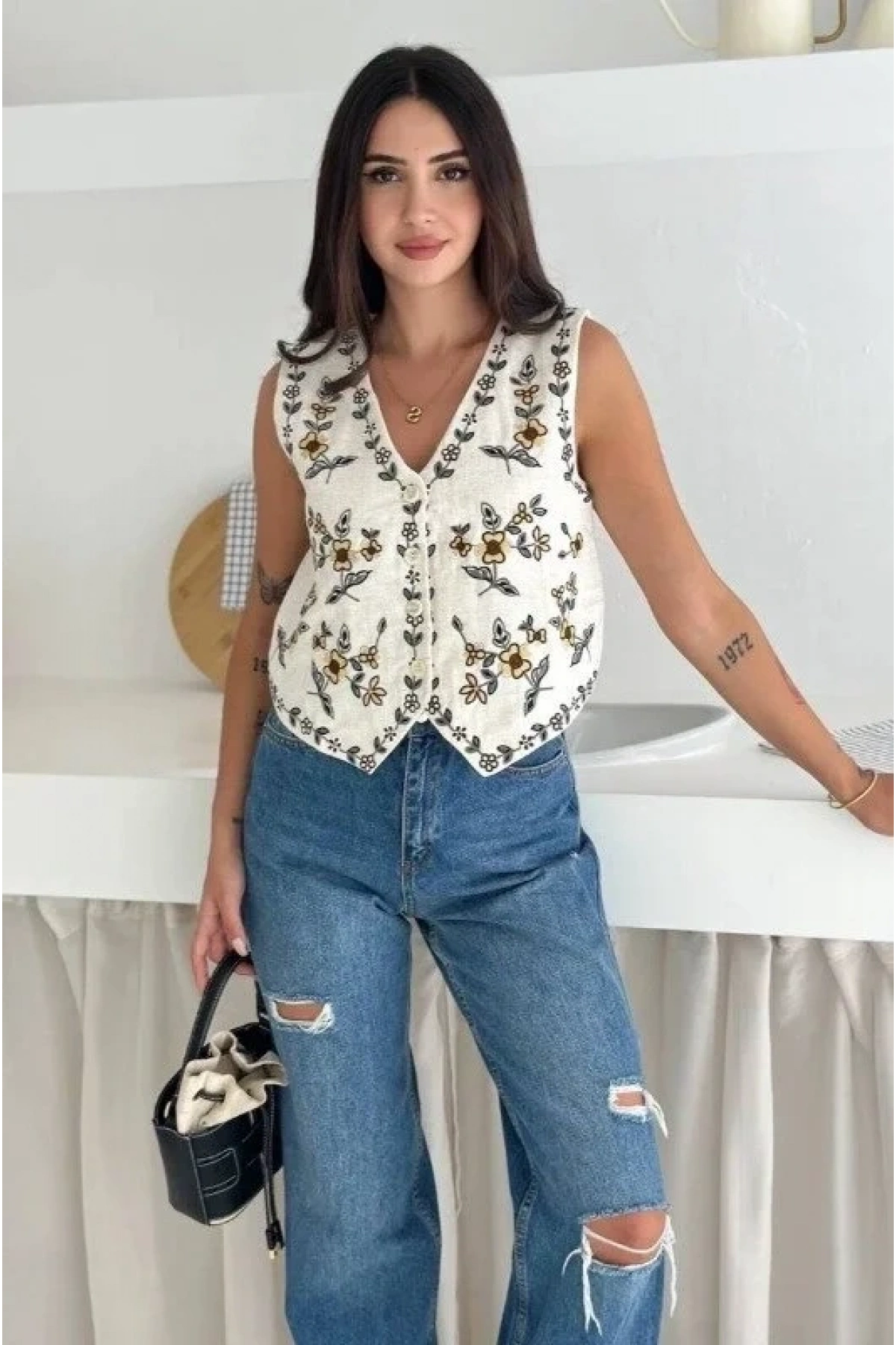 Kadın Krem V Yaka Etnik Çiçek Nakışlı Düğmeli Keten Dokuma Pinterest Bohem Yelek