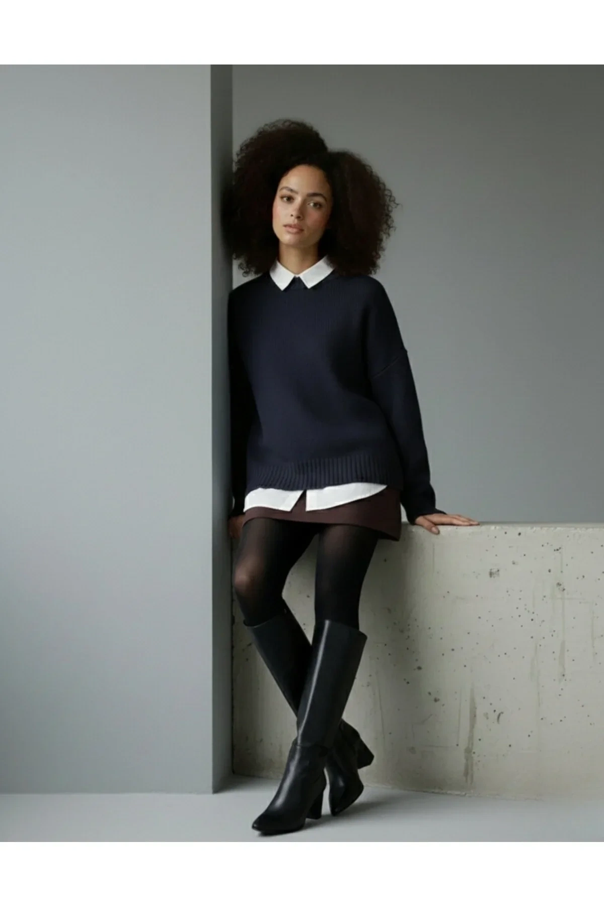 Kadın Lacivert Bisiklet Yaka Uzun Kollu Oversize Yumuşak Dokulu Triko Kazak