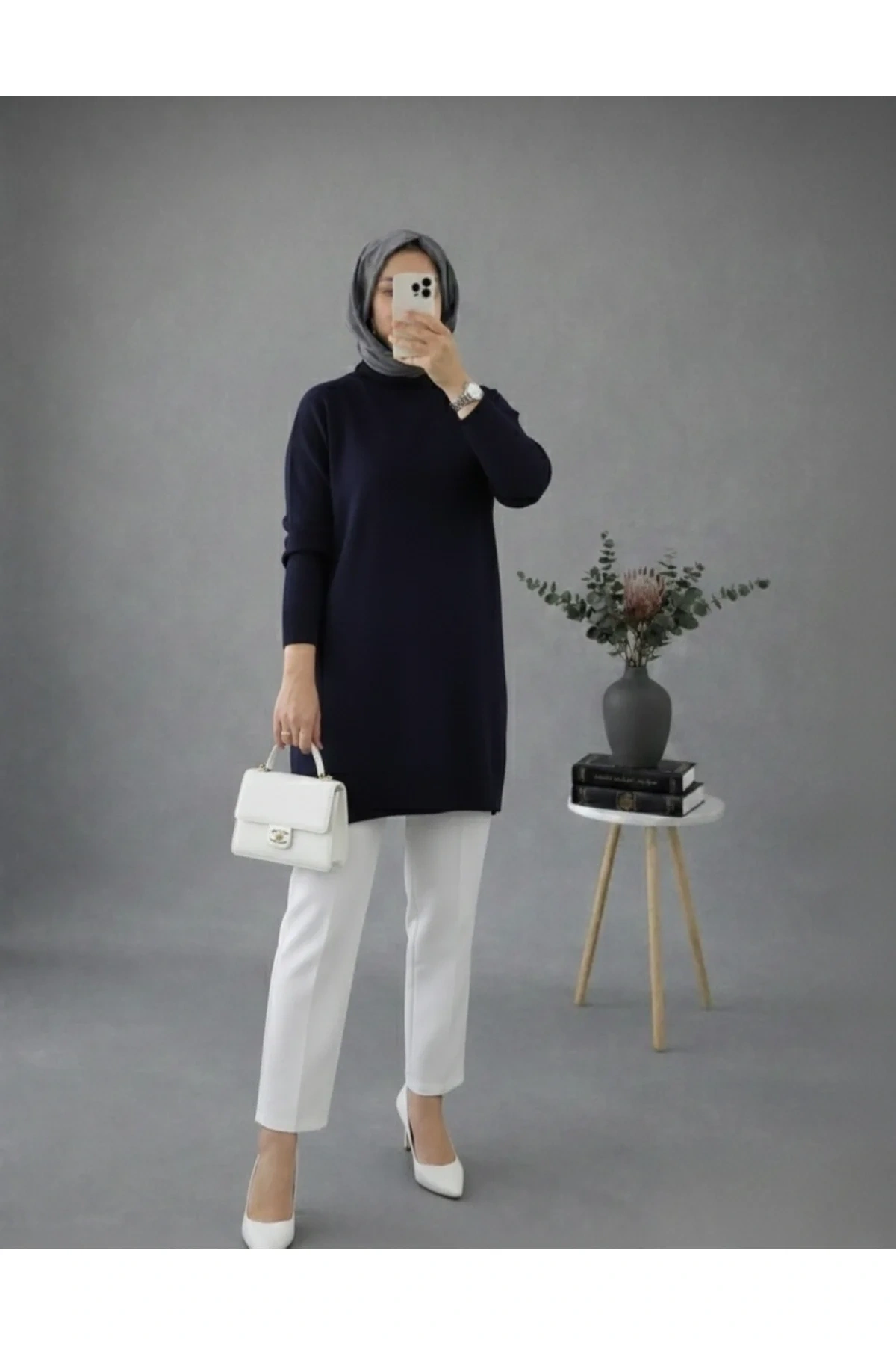 Kadın Lacivert Bisiklet Yaka Uzun Balon Kollu Oversize Yumuşak Triko Tunik Kazak