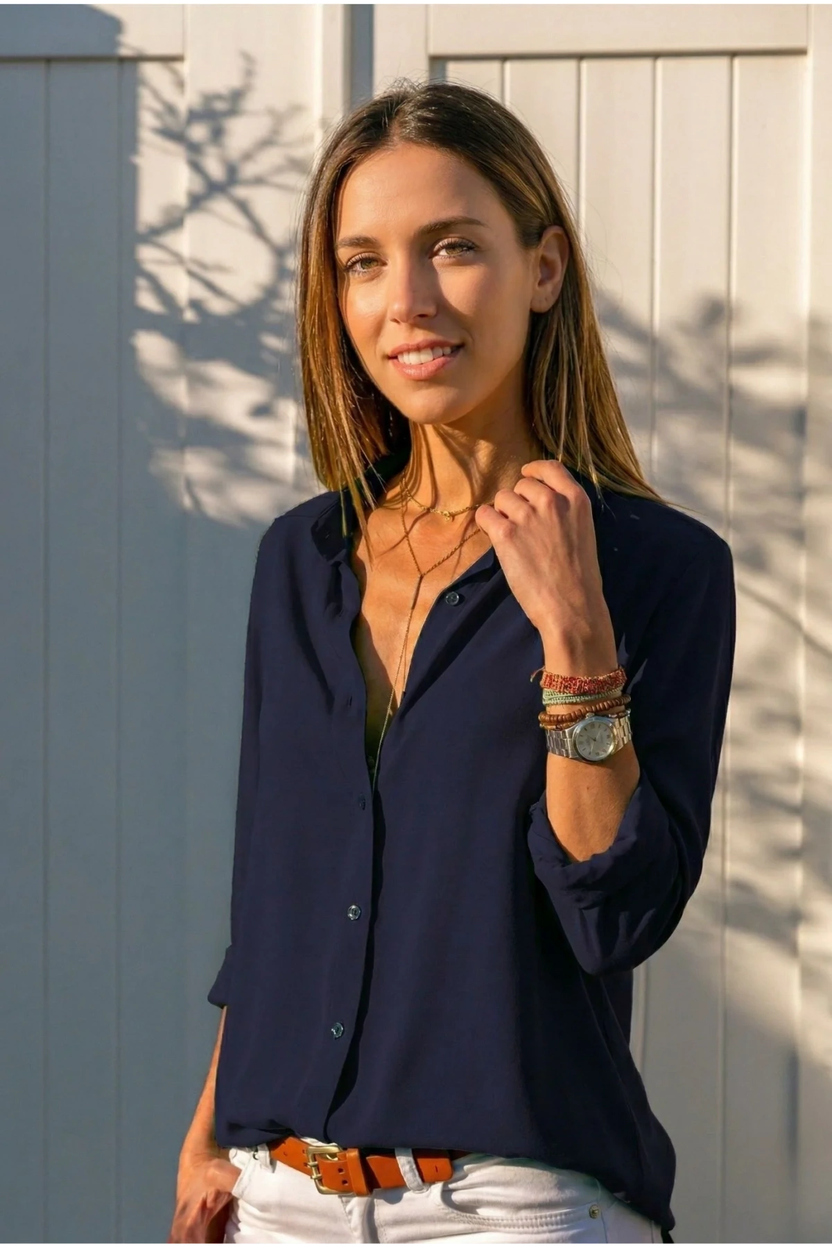 Kadın Lacivert Düz Renk Dokuma Uzun Kollu Manşetli Düğmeli Pamuklu Viskon Basic Gömlek