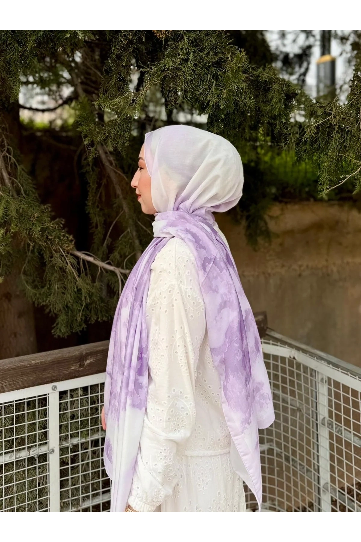 Kadın Lila Ebruli Desenli Çerçeveli Soft Dokulu Pamuklu Mevsimlik Tesettür Şal