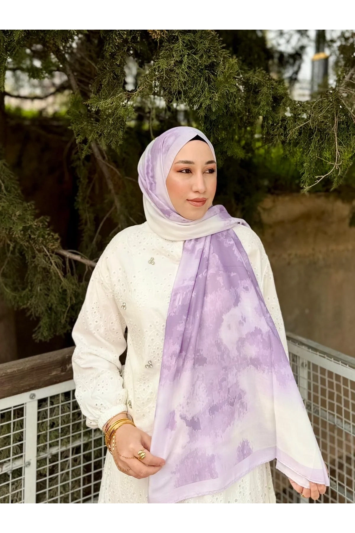 Kadın Lila Ebruli Desenli Çerçeveli Soft Dokulu Pamuklu Mevsimlik Tesettür Şal